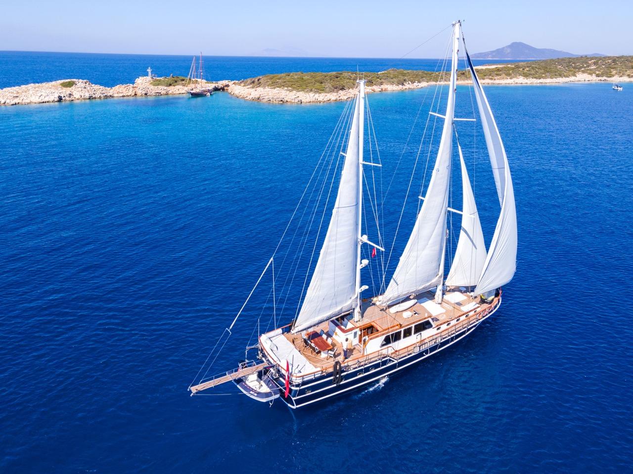 aerial view of traditional wooden gulet with white sails deployed in turquoise Mediterranean waters