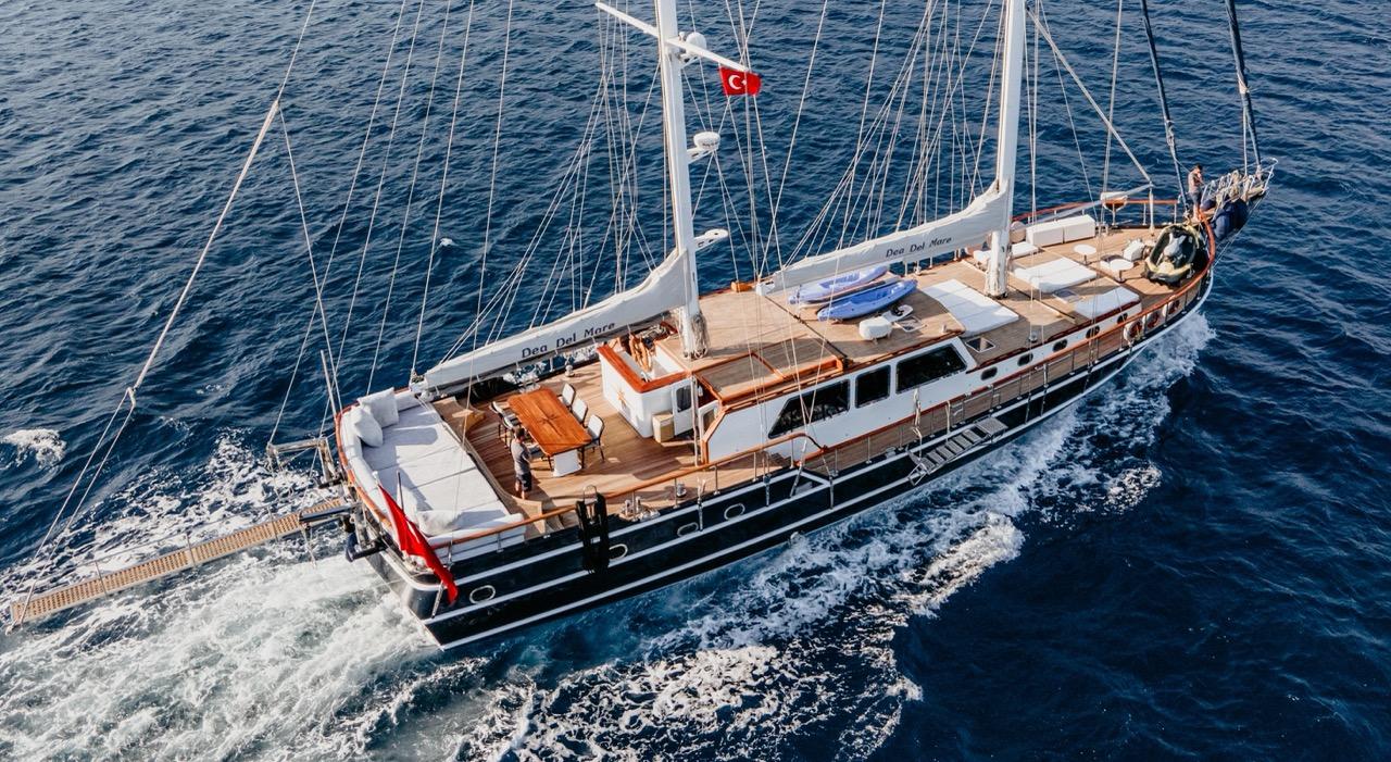 aerial view of traditional wooden gulet sailing yacht underway with Turkish flag and white sails
