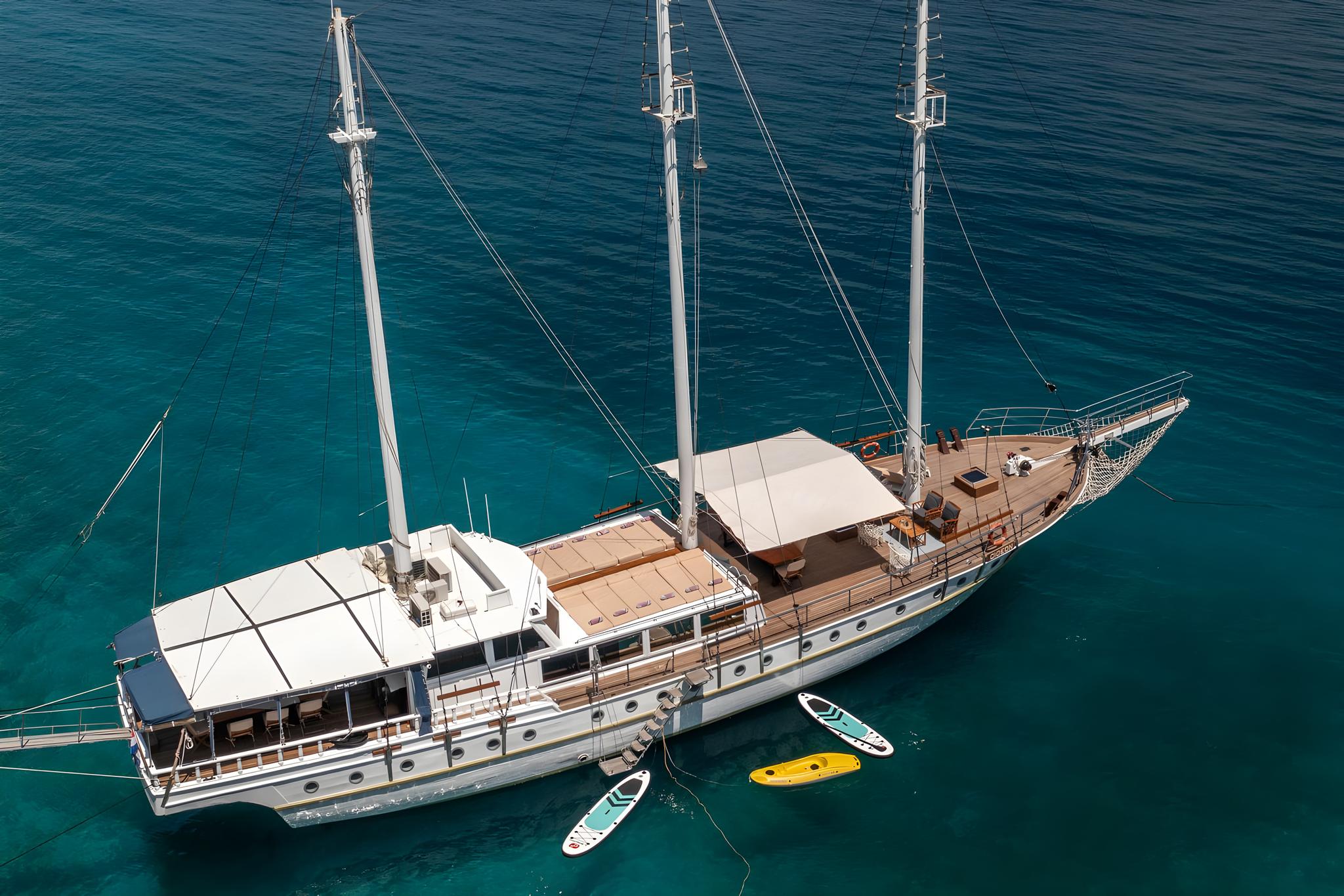 Aerial view of luxury wooden gulet yacht with three masts anchored in turquoise waters