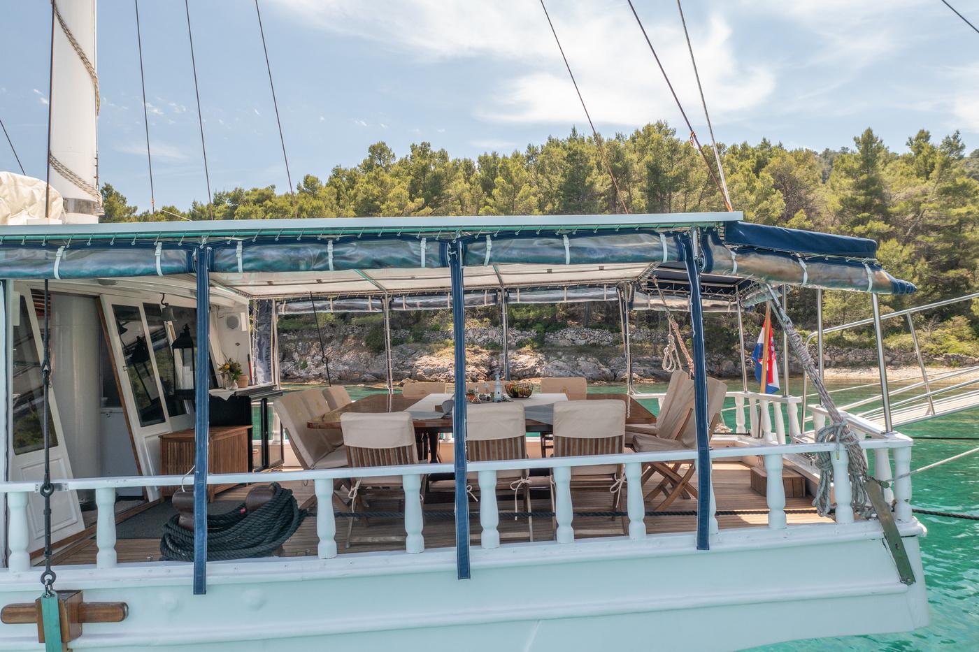 Gulet aft deck dining area with wooden table, chairs and canvas awning