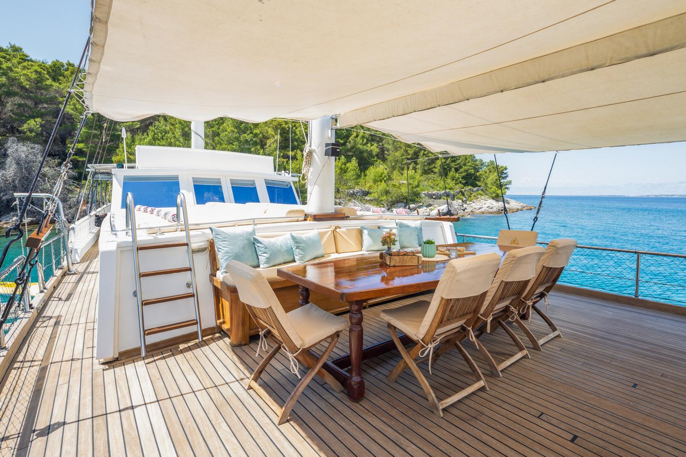 Luxury yacht aft deck dining area with wooden table, folding chairs, and built-in seating under awning