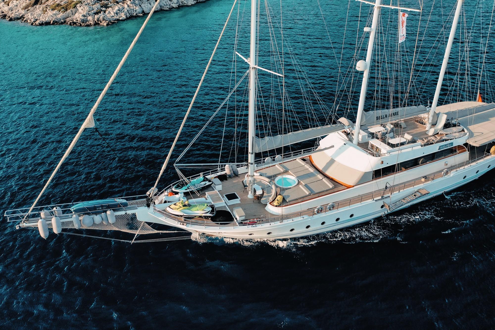 aerial drone shot of luxury sailing yacht with jacuzzi anchored in turquoise Mediterranean waters