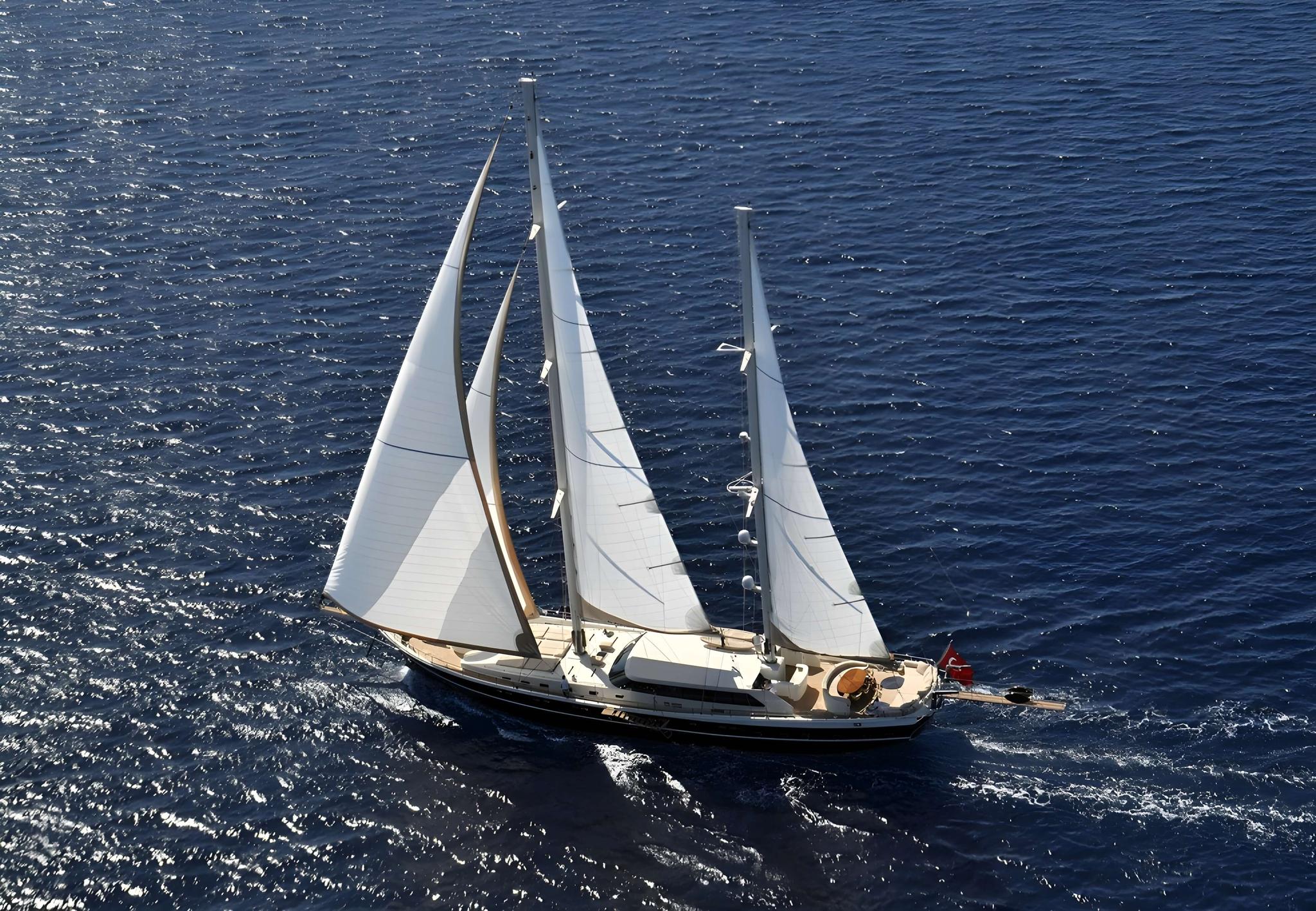 aerial view of traditional gulet sailing yacht with white sails deployed on blue Mediterranean waters
