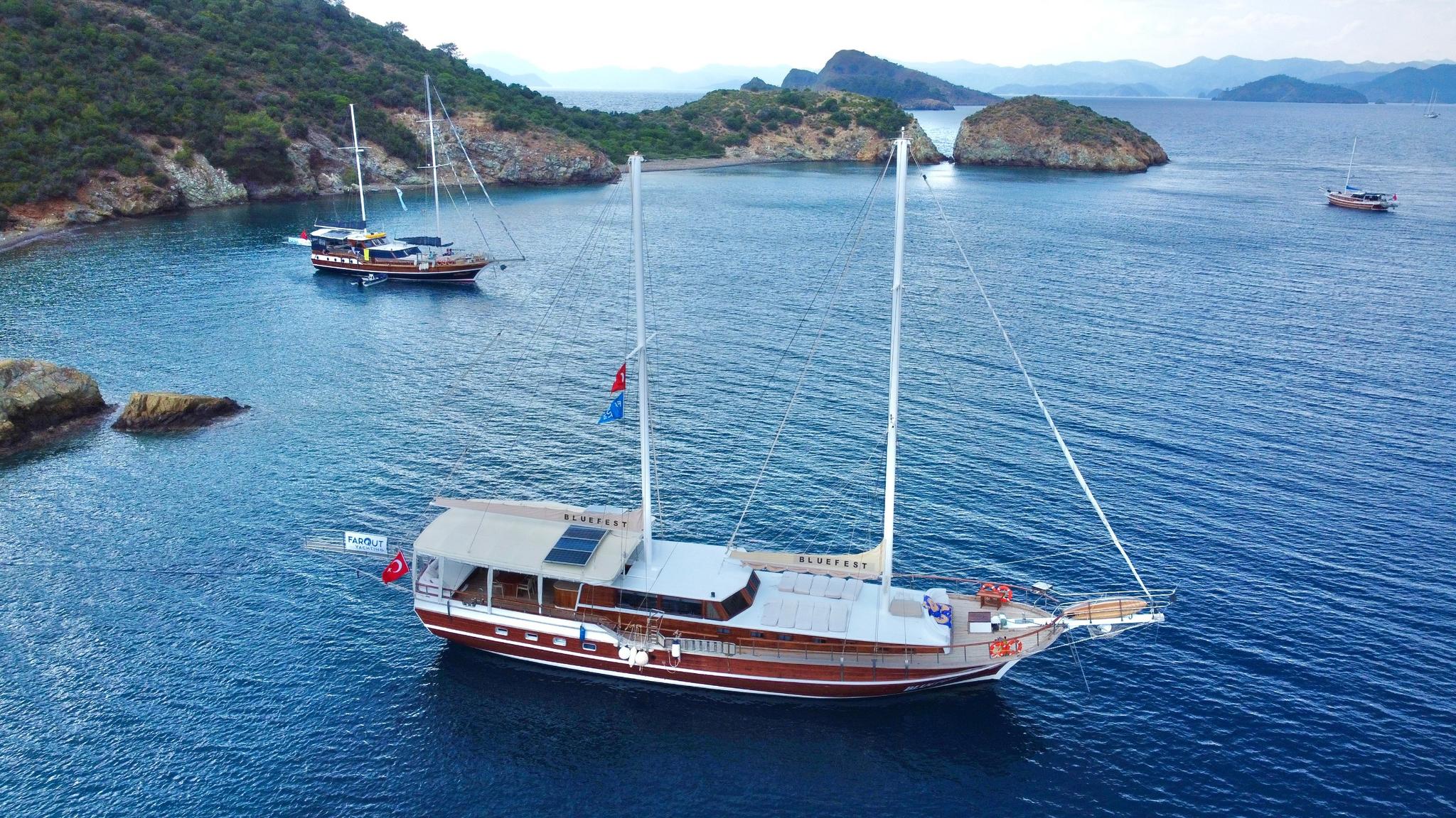 aerial view of white and wood gulet yacht anchored in secluded Turkish bay with rocky coastline