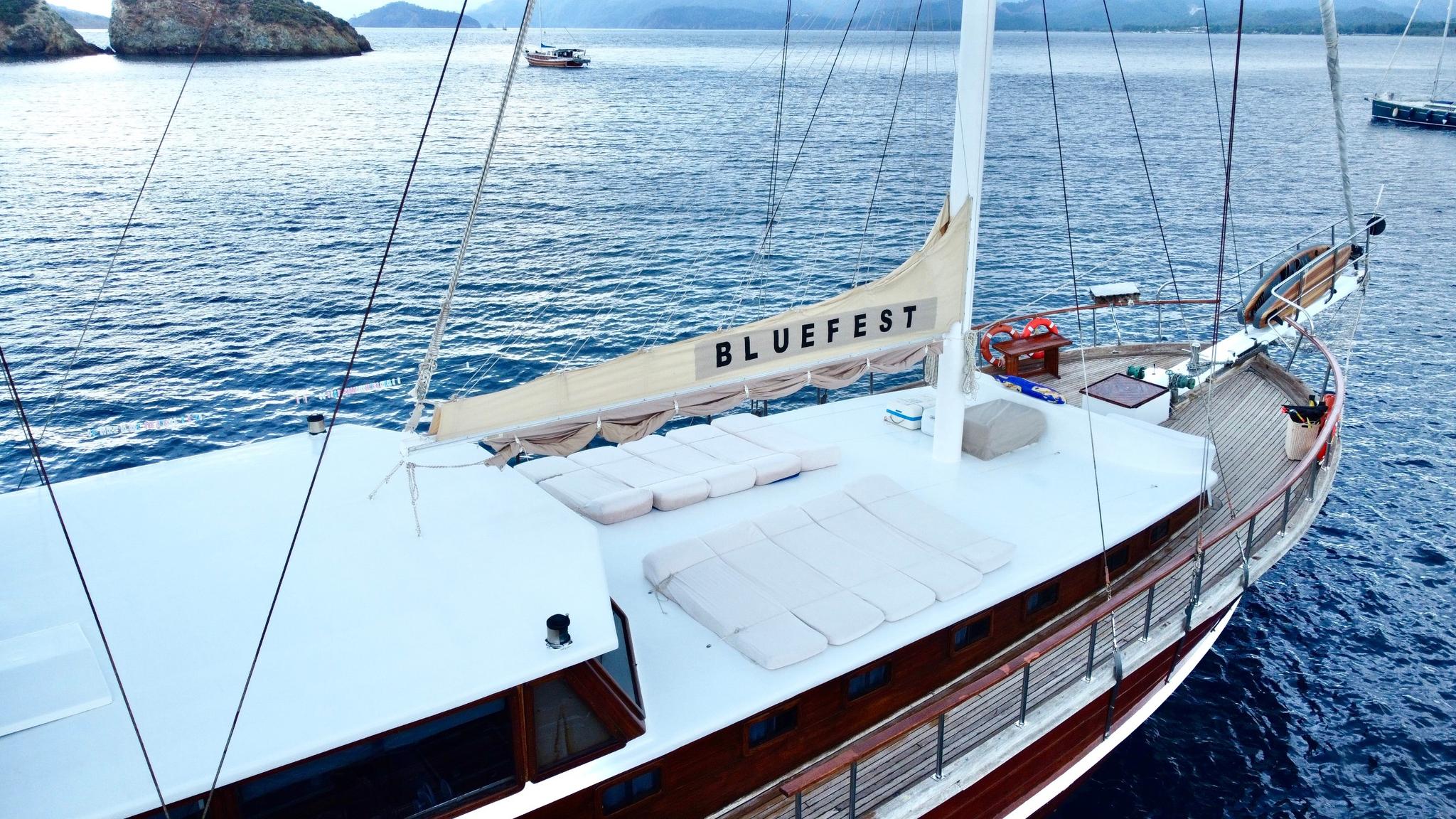luxury gulet BLUEFEST bow deck with white sun loungers in Mediterranean bay
