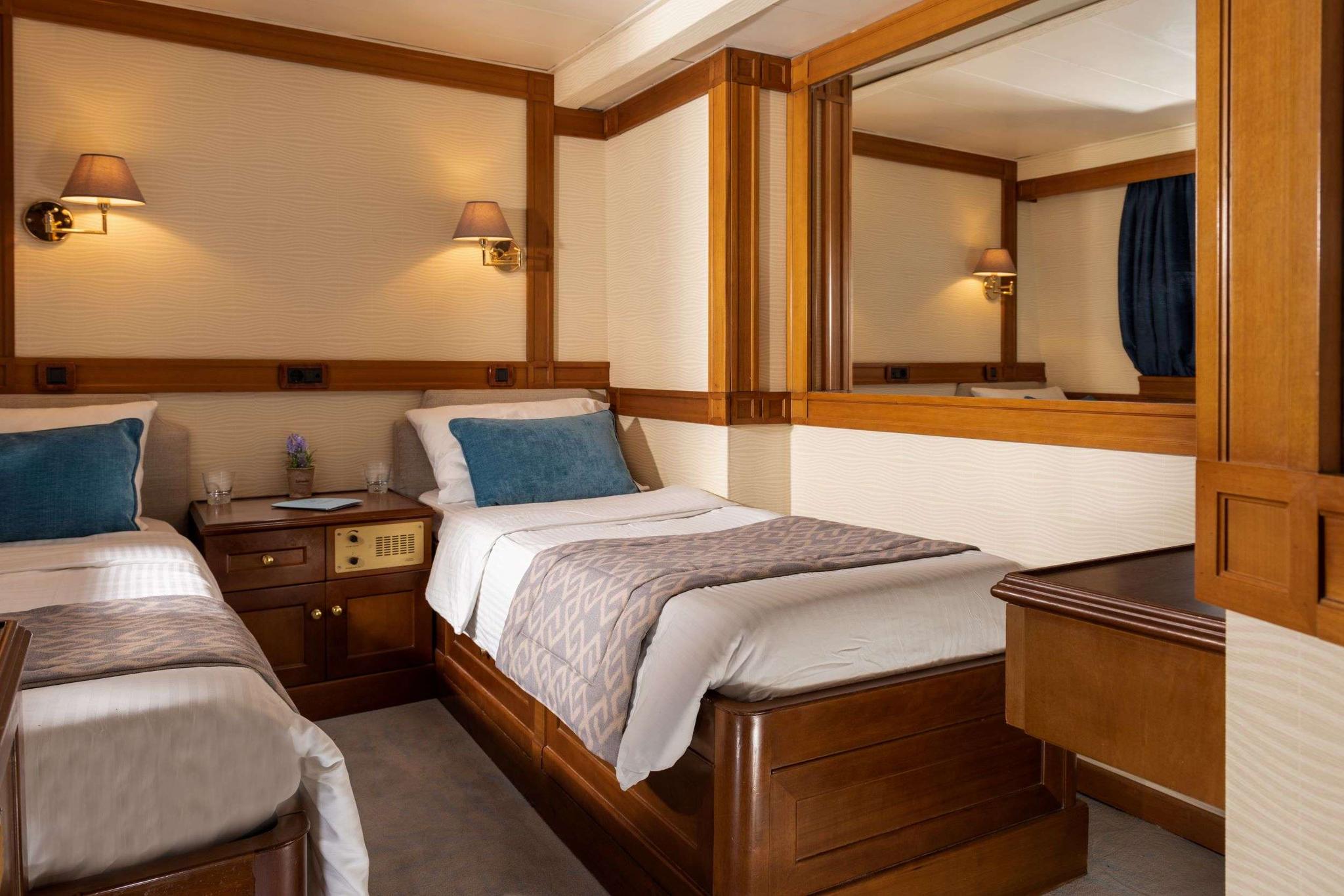 Panorama gulet accommodation interior cabin in Greece