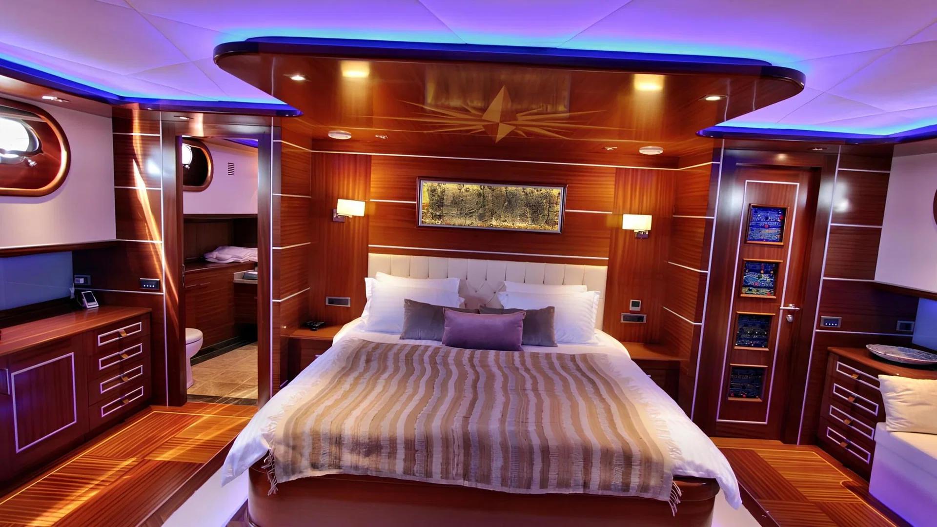 Master cabin interior featuring king bed, white leather headboard, rich wood paneling and panoramic windows