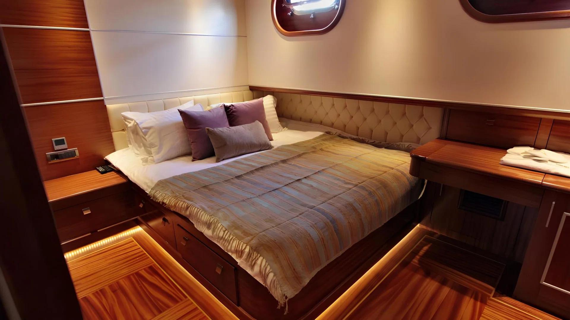 yacht cabin featuring double bed with cream diamond-tufted upholstered headboard and purple pillows