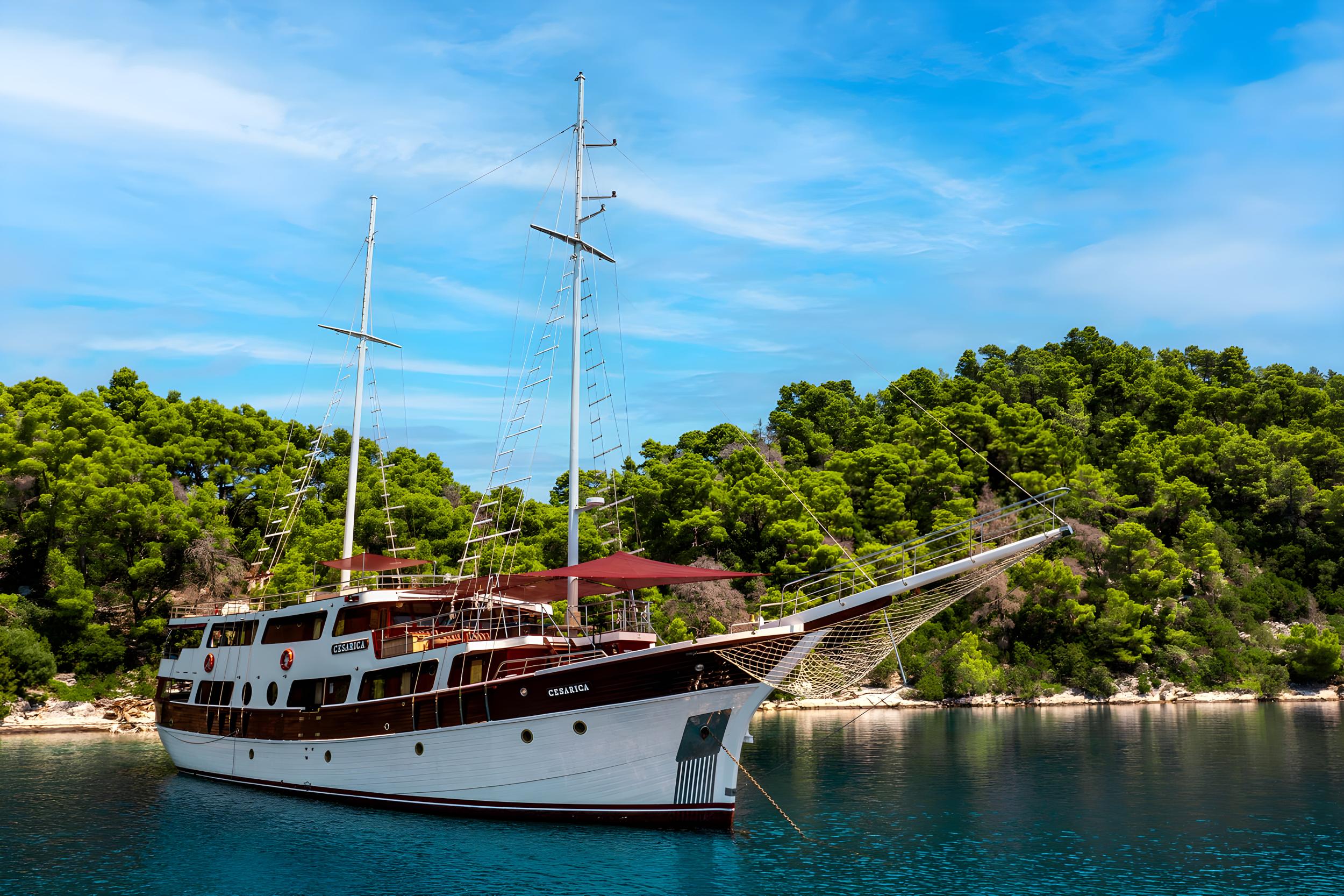 Wooden gulet yacht Cesarica anchored in turquoise Mediterranean bay surrounded by forest
