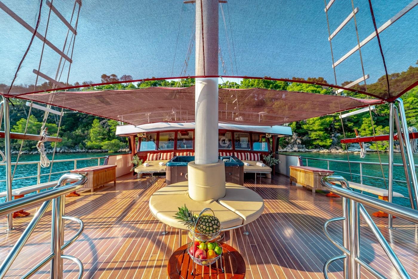 Luxury gulet main deck with teak planking, central mast, and fresh fruit baskets