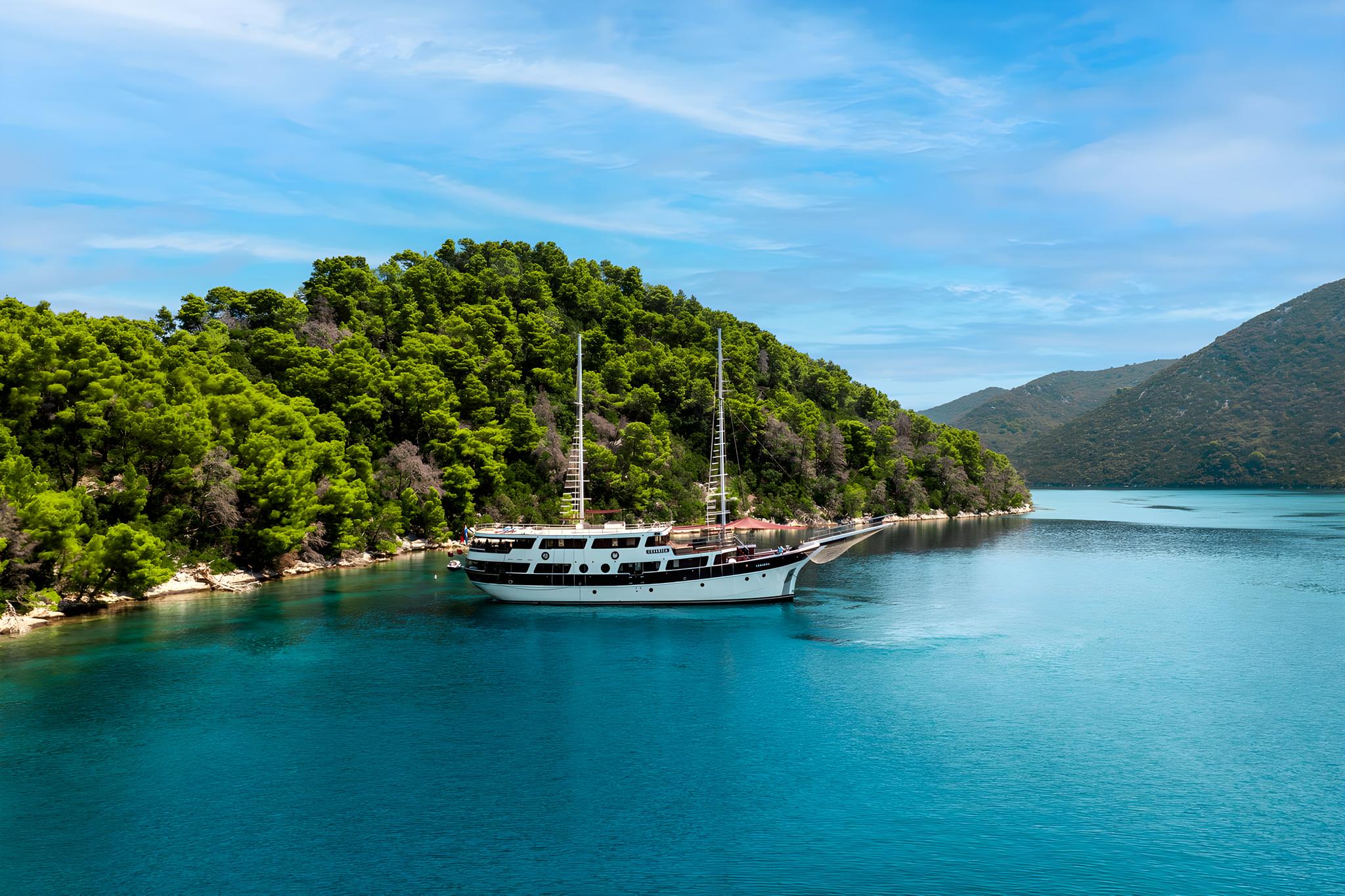 luxury white gulet yacht anchored in crystal turquoise waters near forested coastline