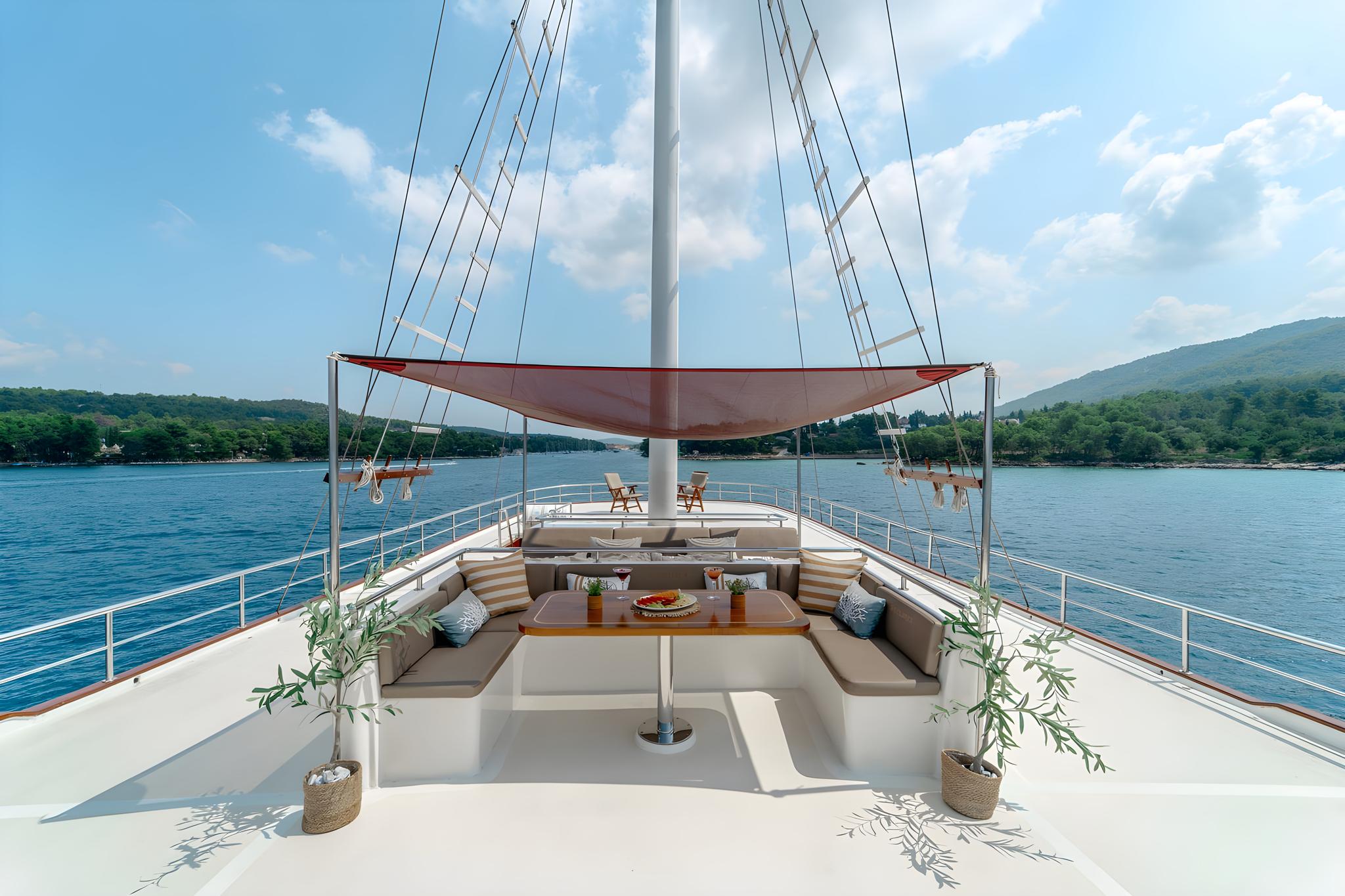 Gulet forward deck with U-shaped seating, wooden table and fabric shade canopy