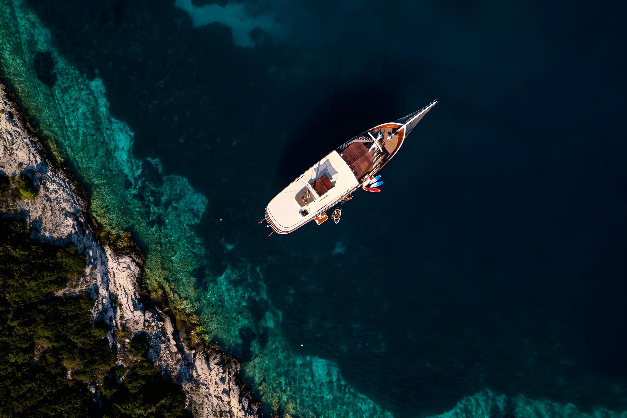 Aerial view luxury yacht anchored crystal clear turquoise waters rocky coastline