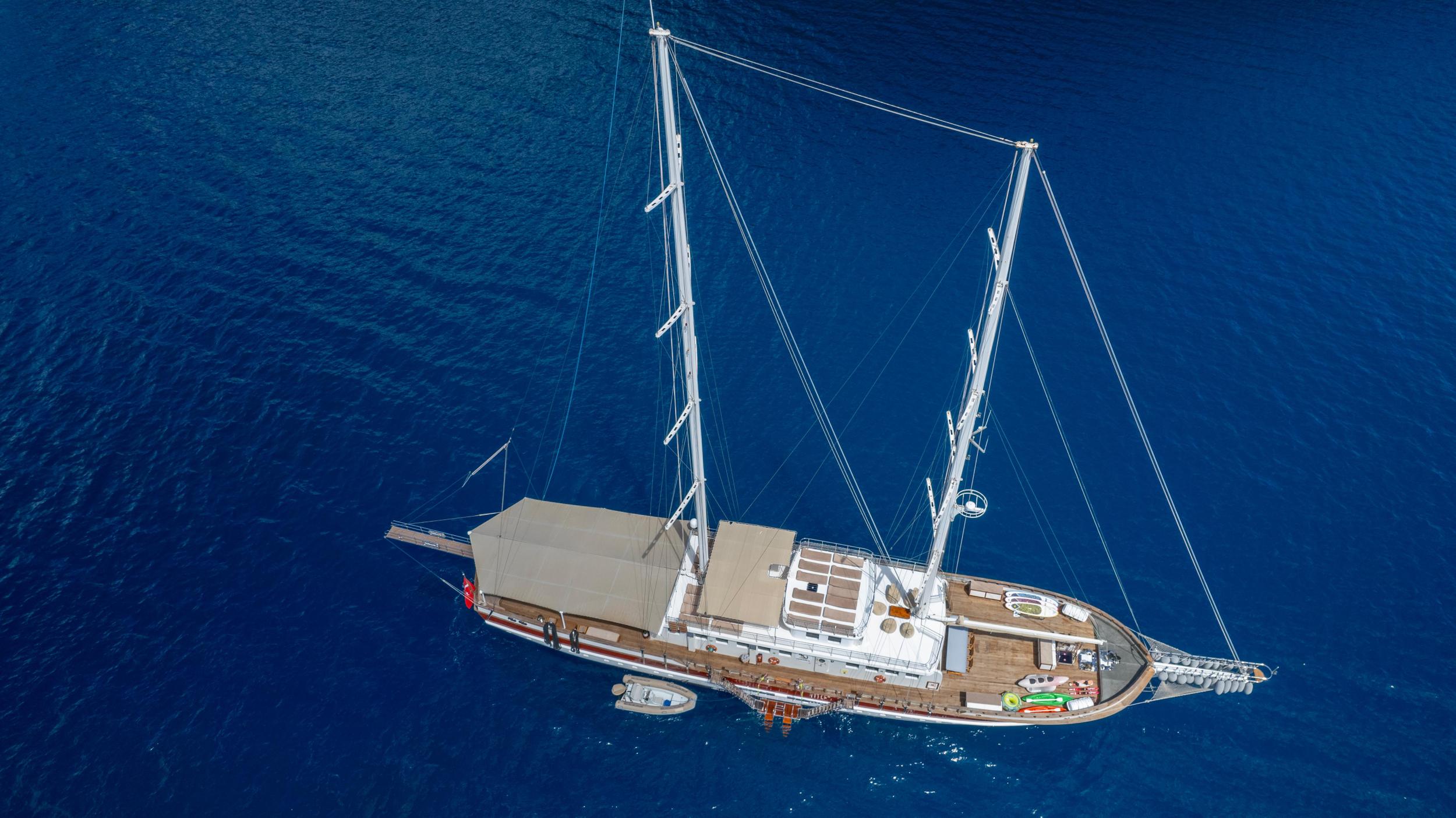 aerial drone shot of white traditional gulet with two masts anchored in deep blue Mediterranean waters
