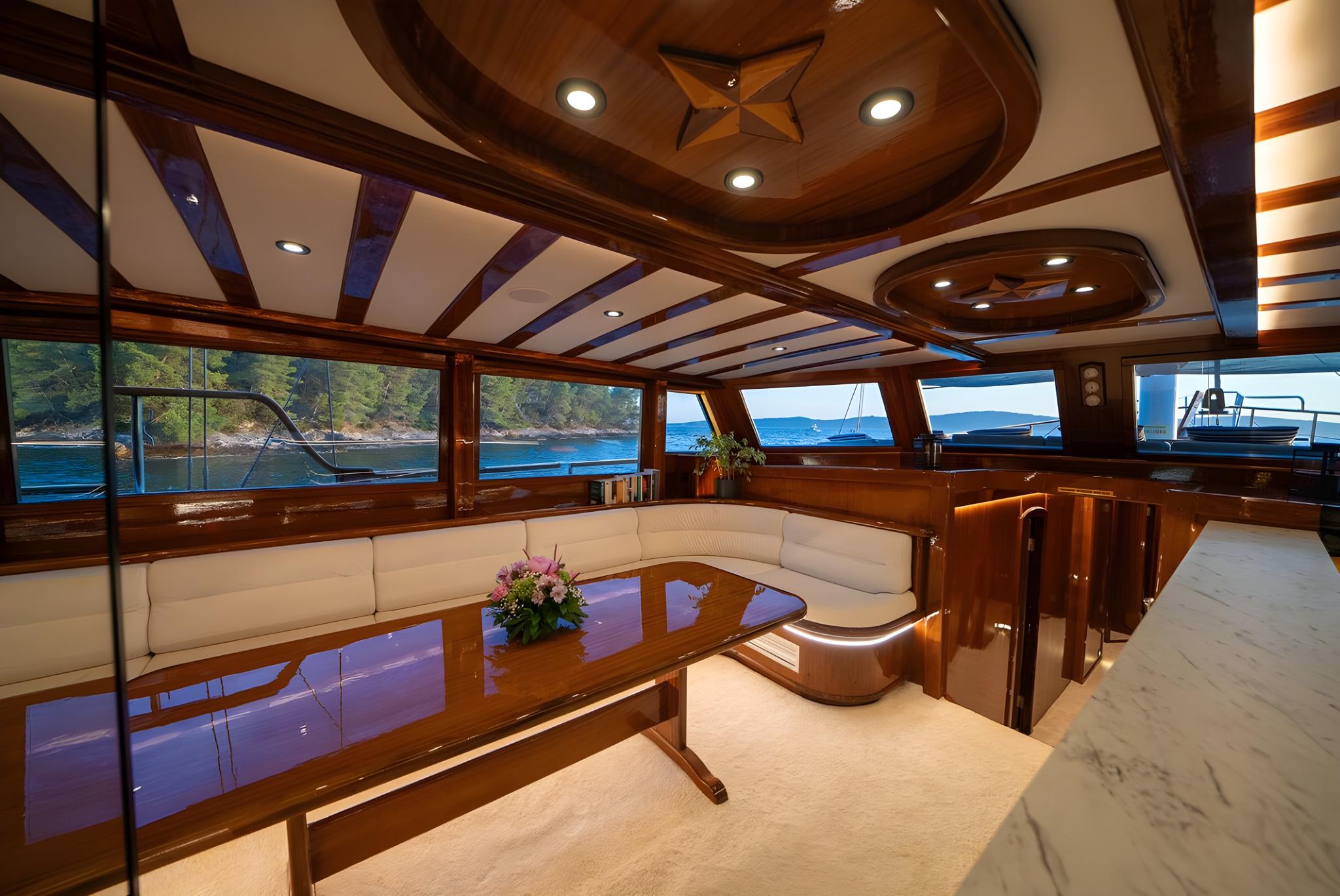 Elegant gulet main salon with curved seating, wooden dining table and panoramic windows