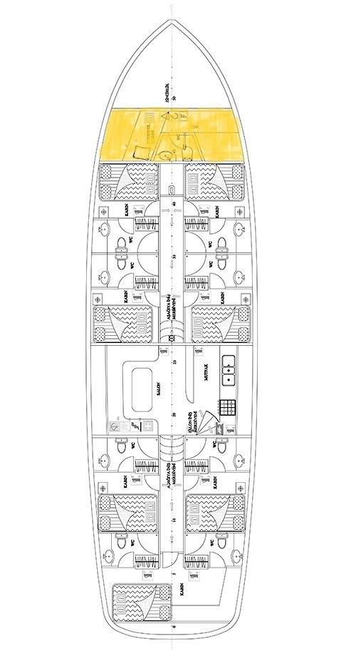 detailed yacht floor plan showing multiple guest cabins bathrooms and interior layout