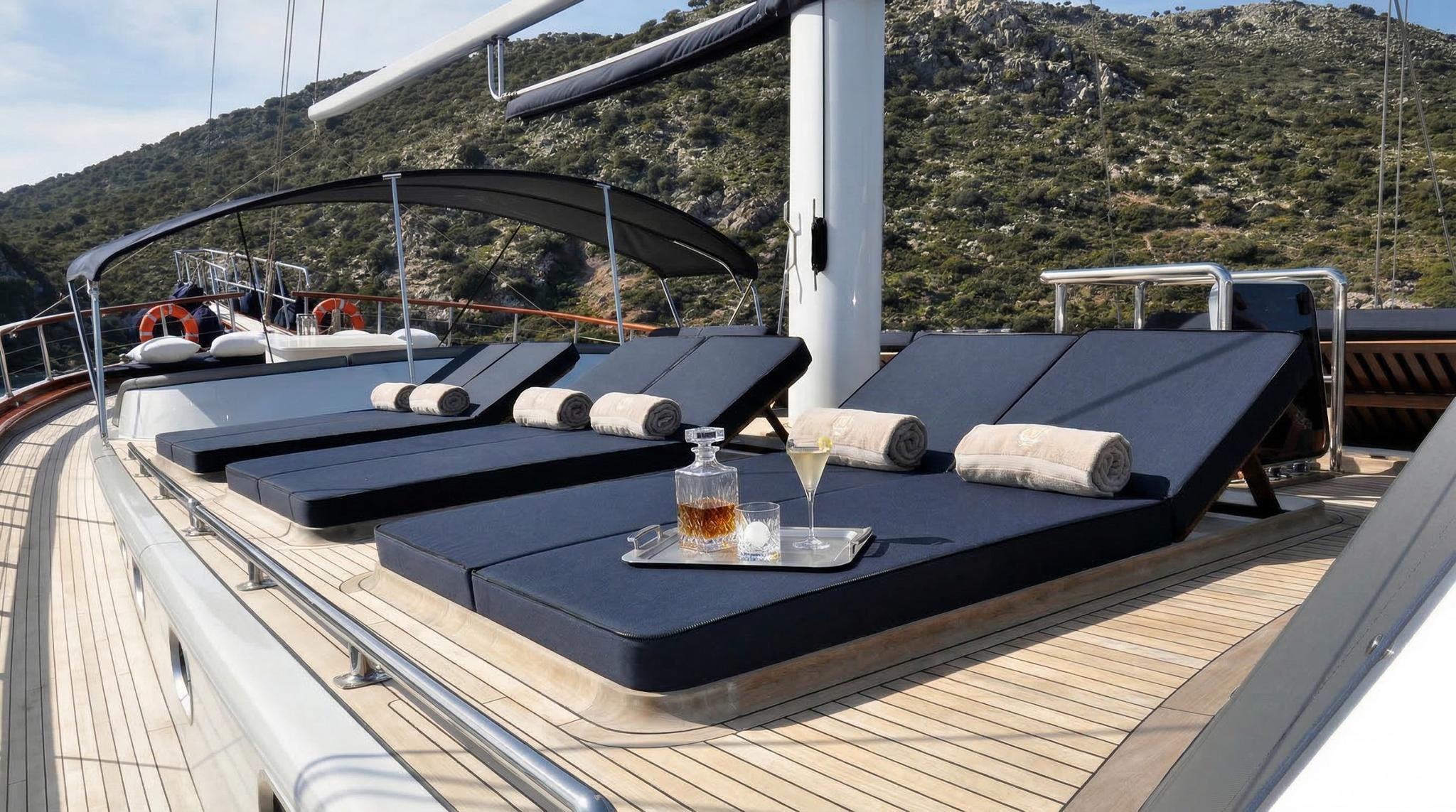 bow sun deck with dark blue cushioned loungers, rolled towels and drinks tray