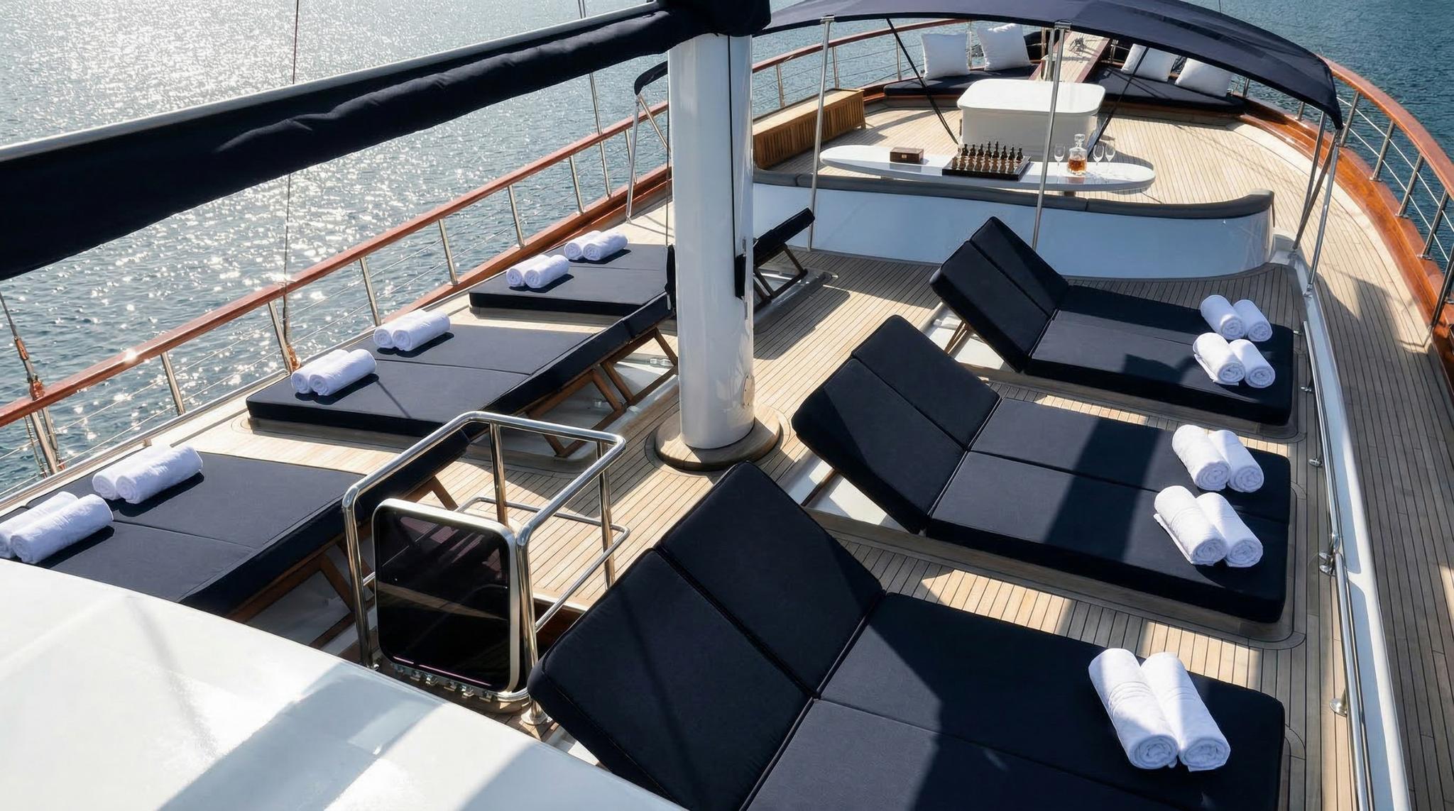 yacht sun deck featuring black cushioned loungers with rolled white towels and teak decking