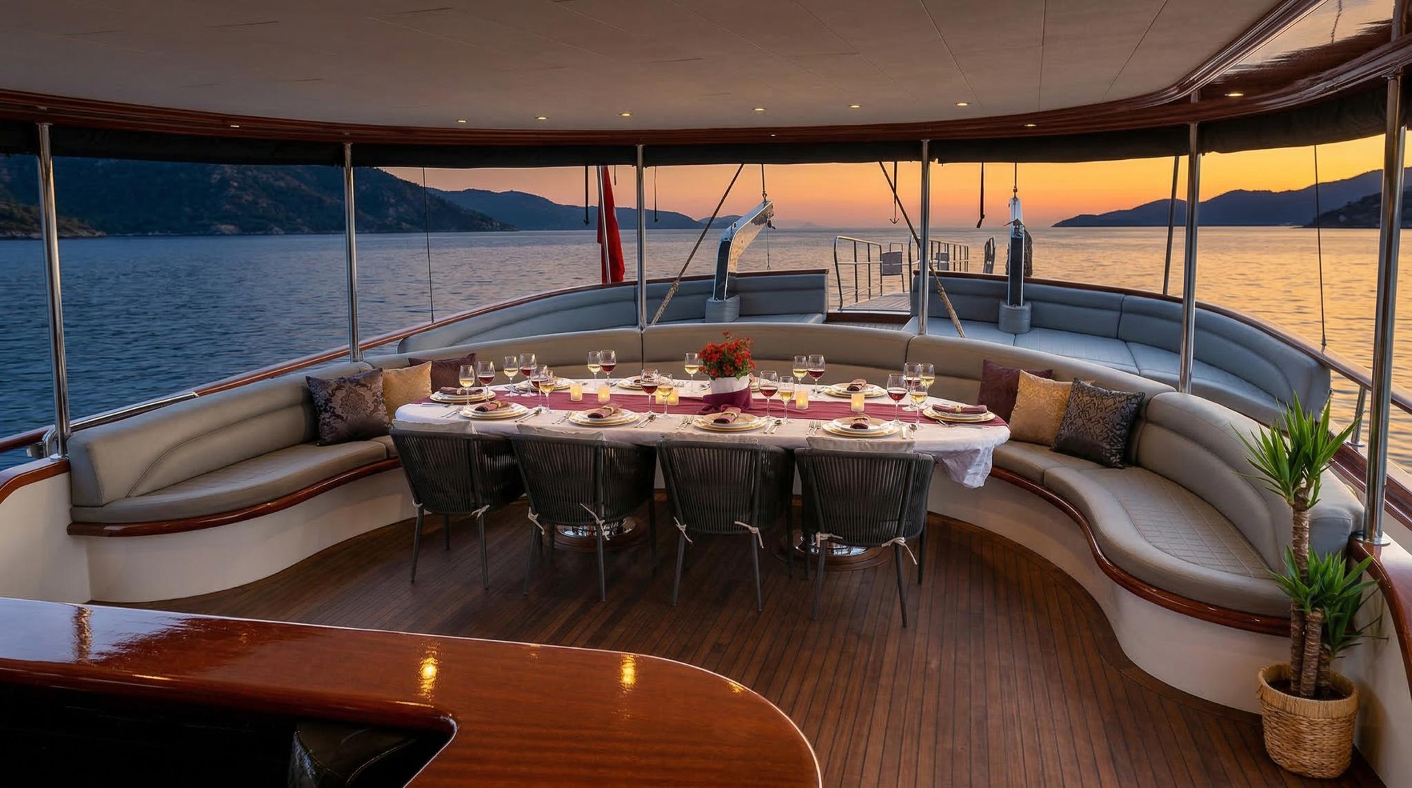 covered aft deck with curved banquette seating, dining table and panoramic windows at sunset