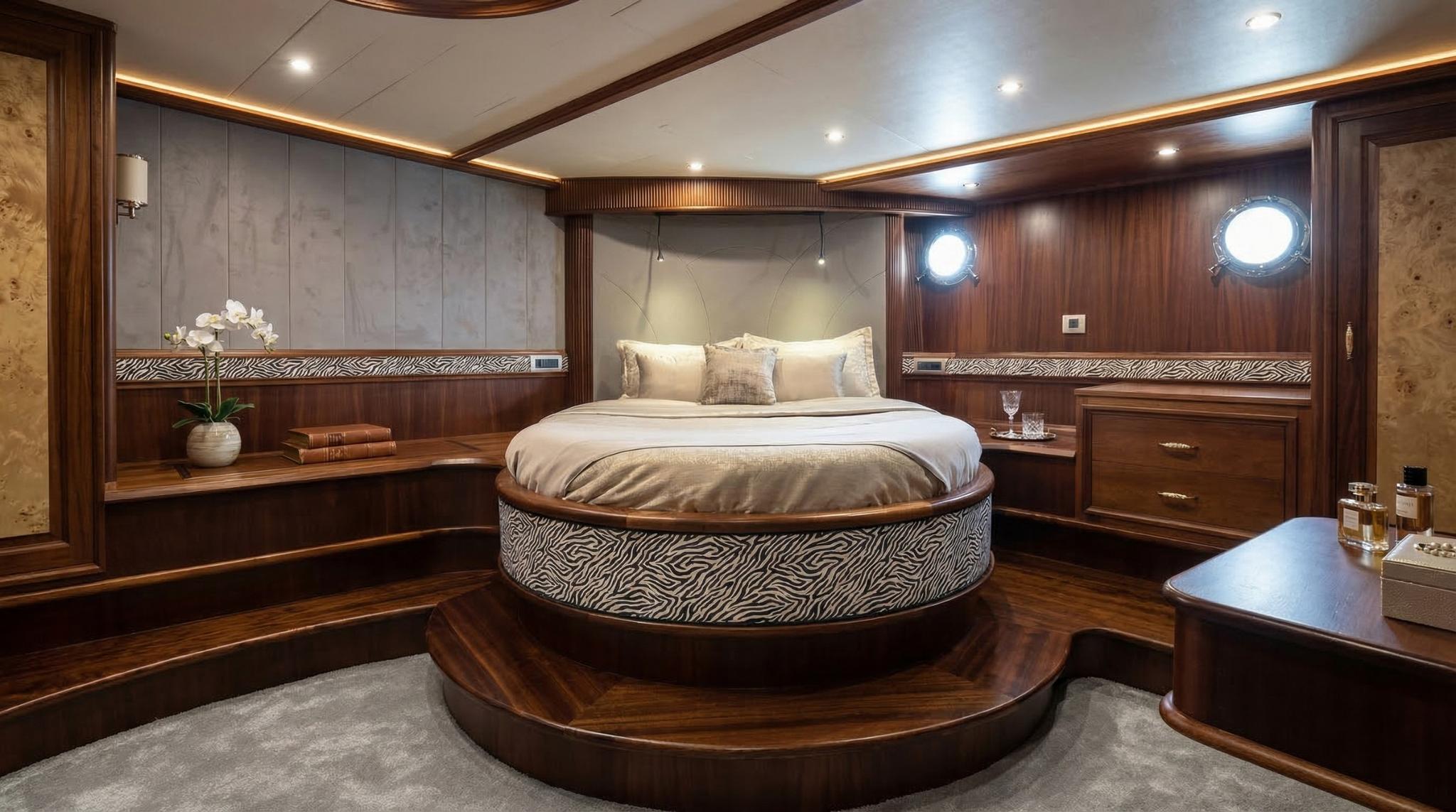 luxury yacht master cabin featuring circular bed with zebra-pattern base and twin portholes