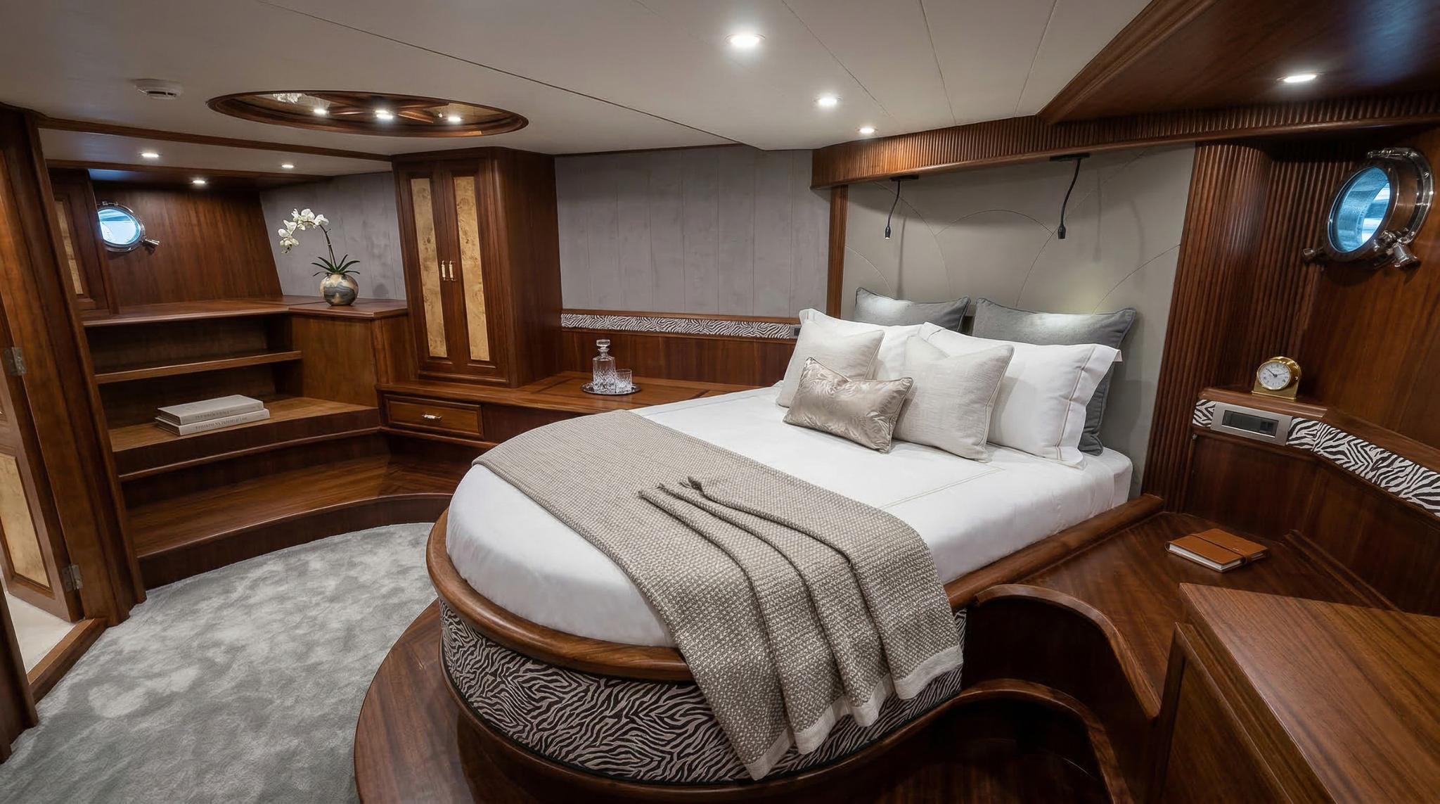 luxury yacht master cabin featuring curved bed with white linens and rich wood interior