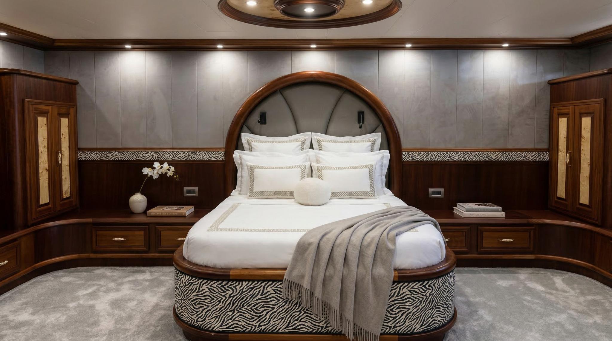 Master cabin featuring circular bed with zebra-print base and gray upholstered headboard