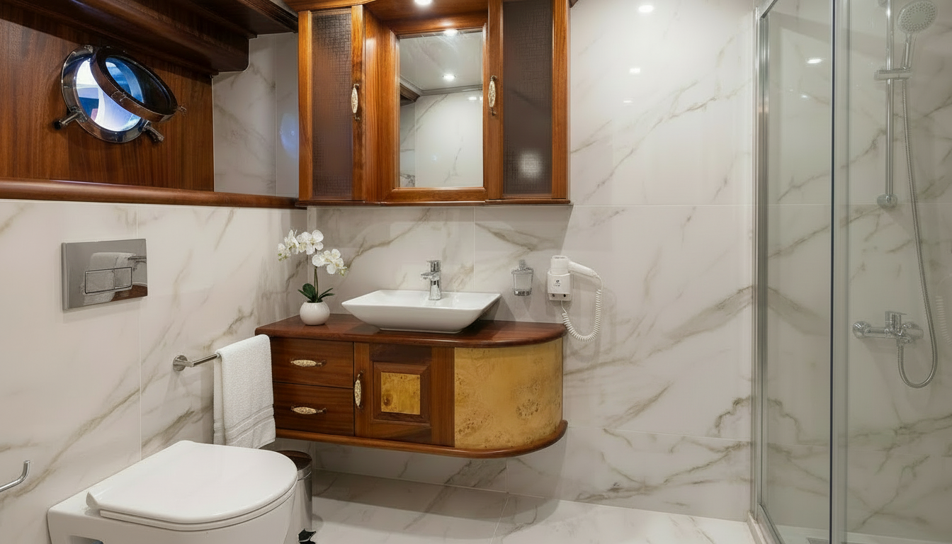 luxury yacht bathroom with marble walls, curved wooden vanity, vessel sink and glass shower