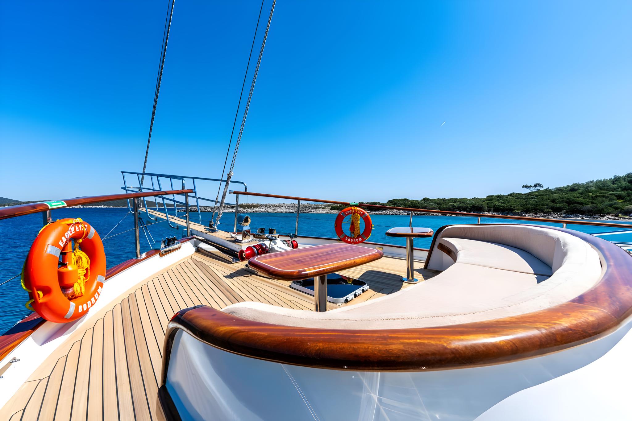 curved white seating area with teak decking and orange life rings on gulet deck