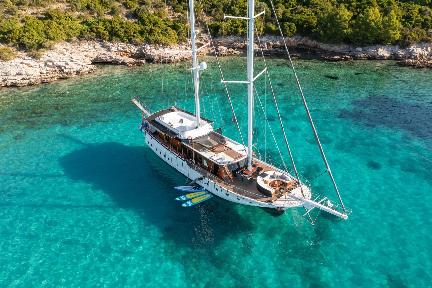 Aerial view of traditional wooden gulet yacht anchored in crystal clear turquoise waters