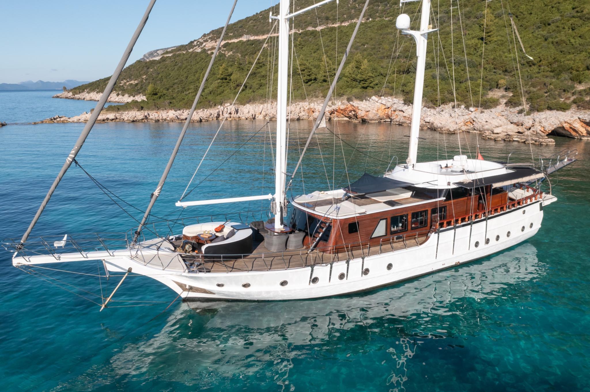 Traditional wooden gulet with white hull and two masts anchored in crystal clear Mediterranean waters