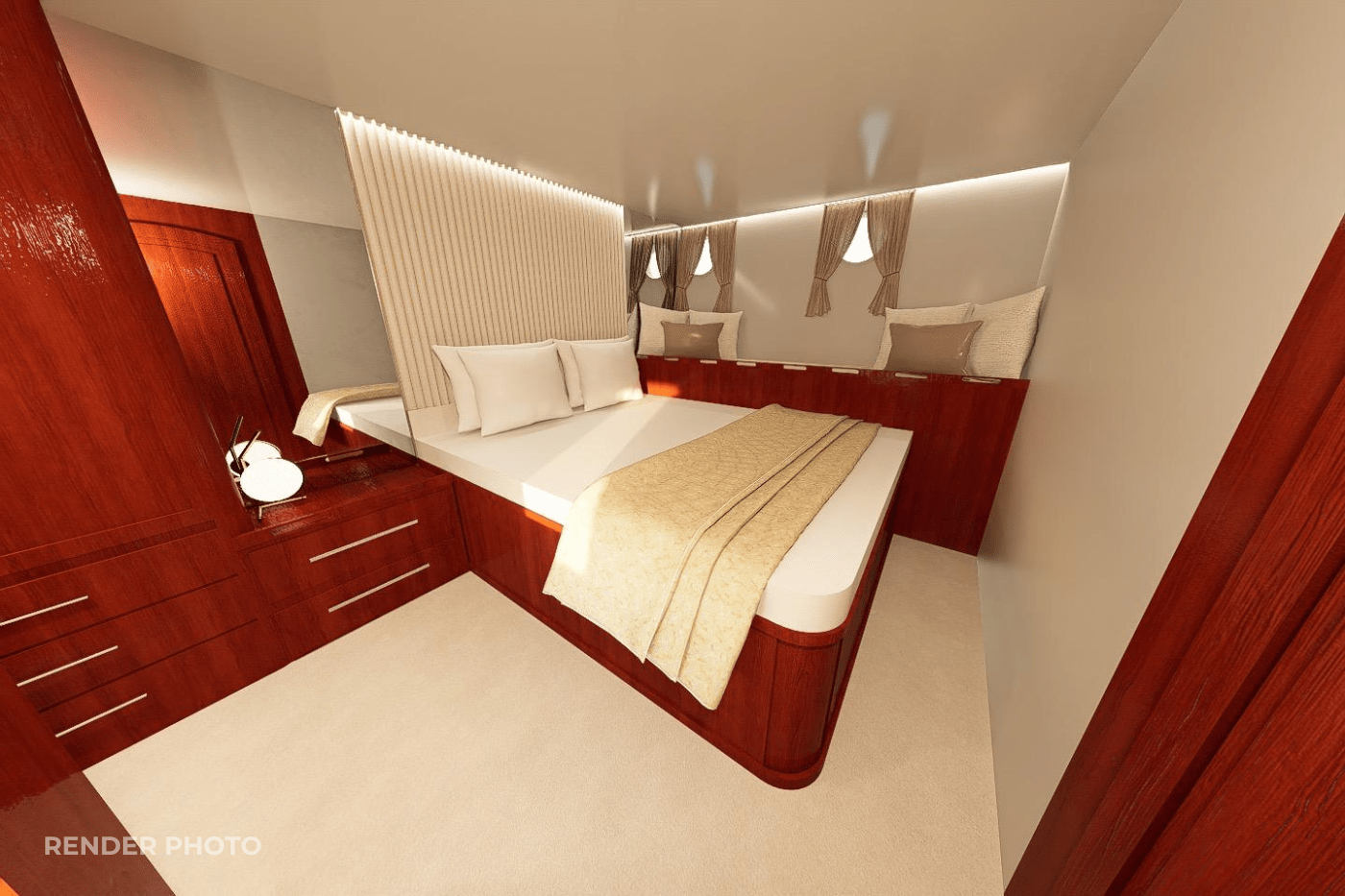 luxury yacht cabin interior with double bed, beige linens, built-in seating and rich wood paneling