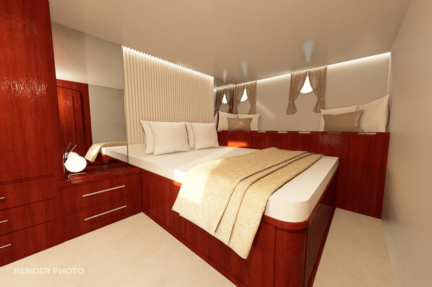 yacht cabin interior with double bed, cream upholstered headboard, mahogany cabinetry and porthole windows