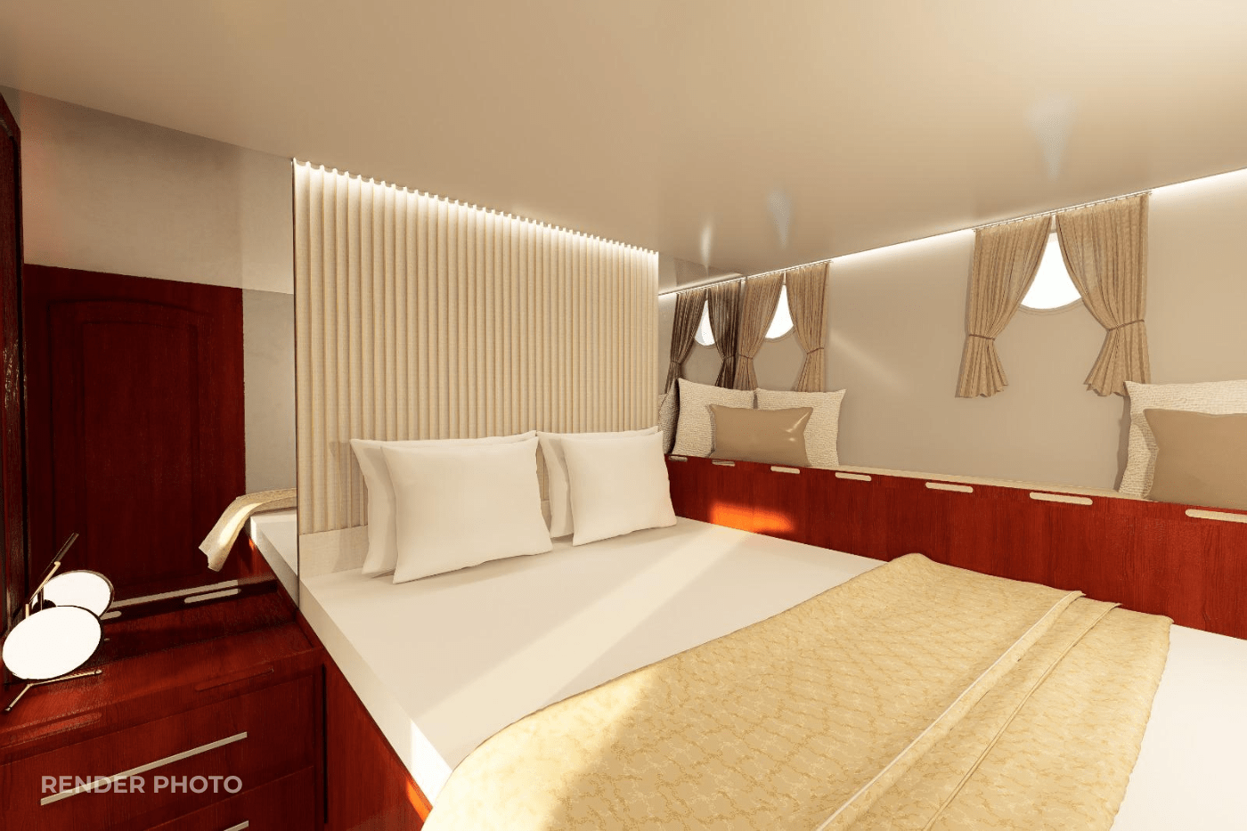 yacht cabin interior with white bedding, cream headboard, and three circular portholes with curtains