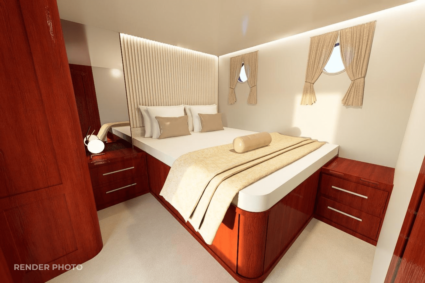 yacht guest cabin featuring double bed with beige linens and built-in mahogany cabinetry