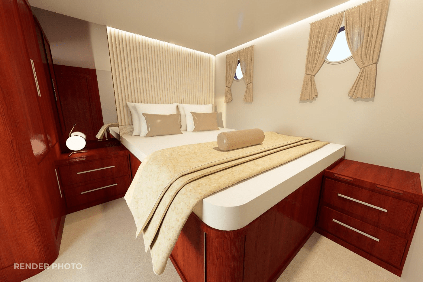 yacht guest cabin featuring double bed with beige linens and built-in mahogany wardrobes