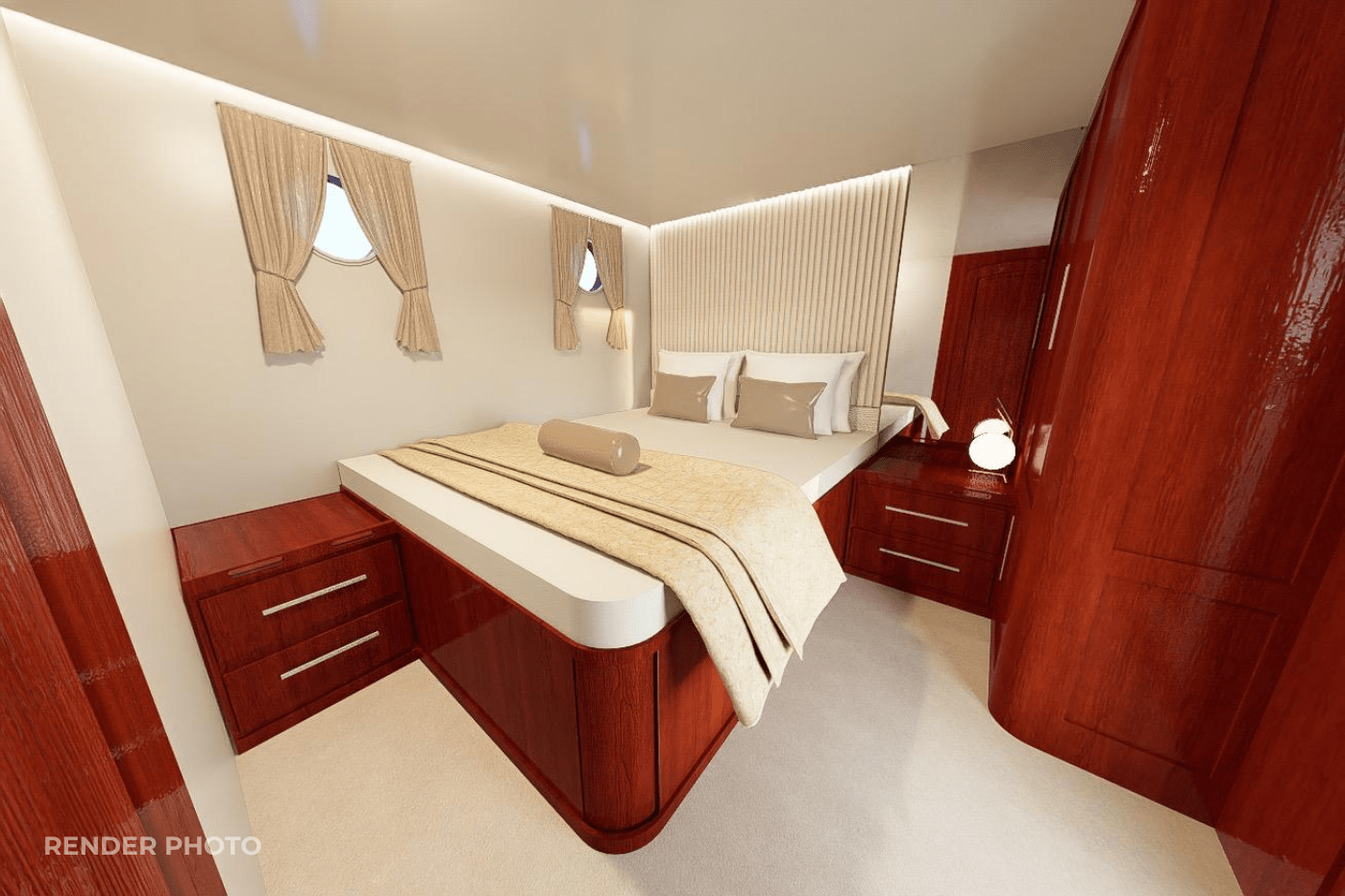yacht guest cabin featuring double bed, mahogany cabinetry, two portholes with curtains and built-in storage