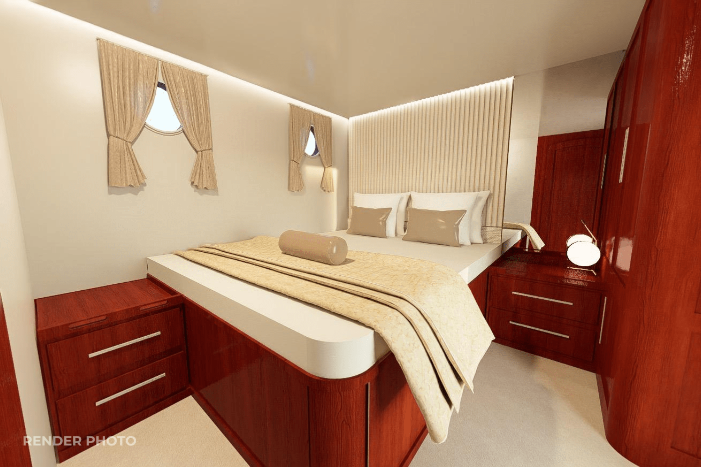 yacht guest cabin featuring double bed with beige linens and dark wood cabinetry