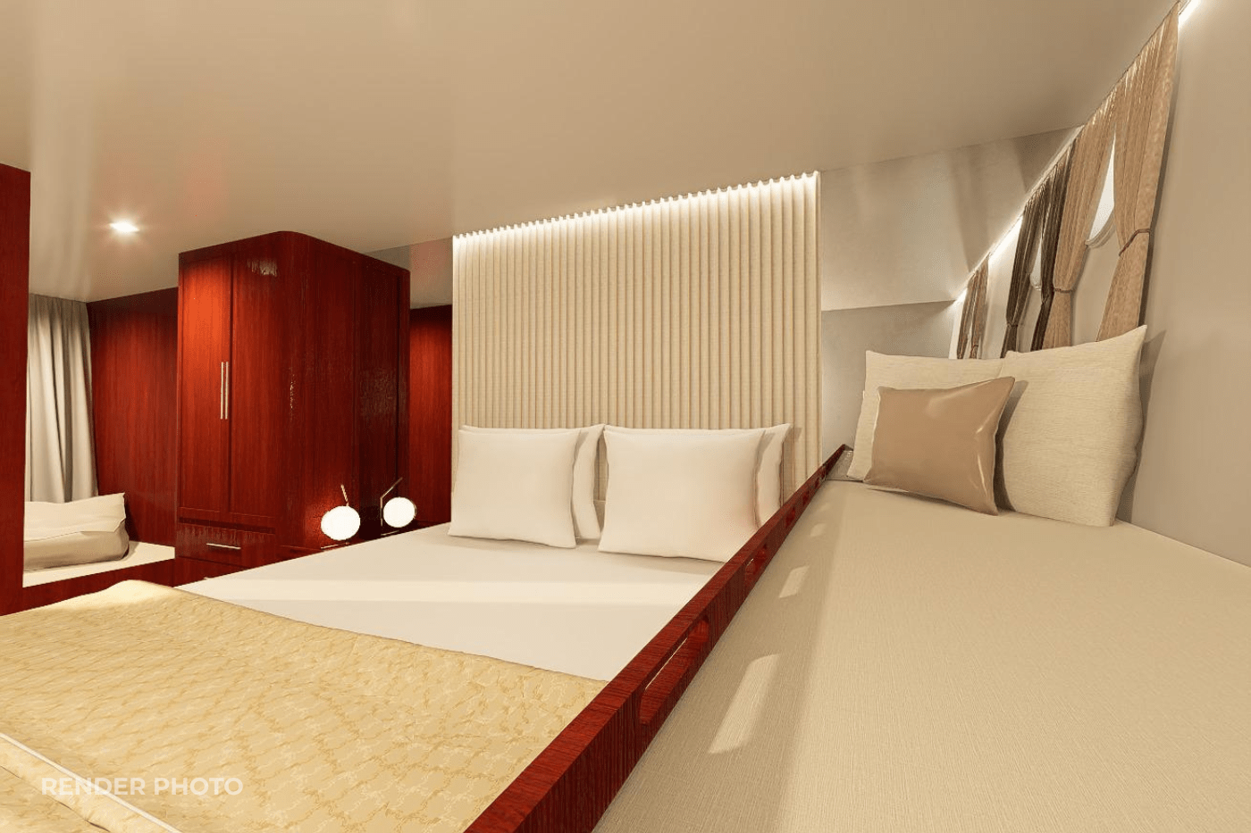 modern yacht twin cabin with two single beds, vertical slat headboard and mahogany wardrobes