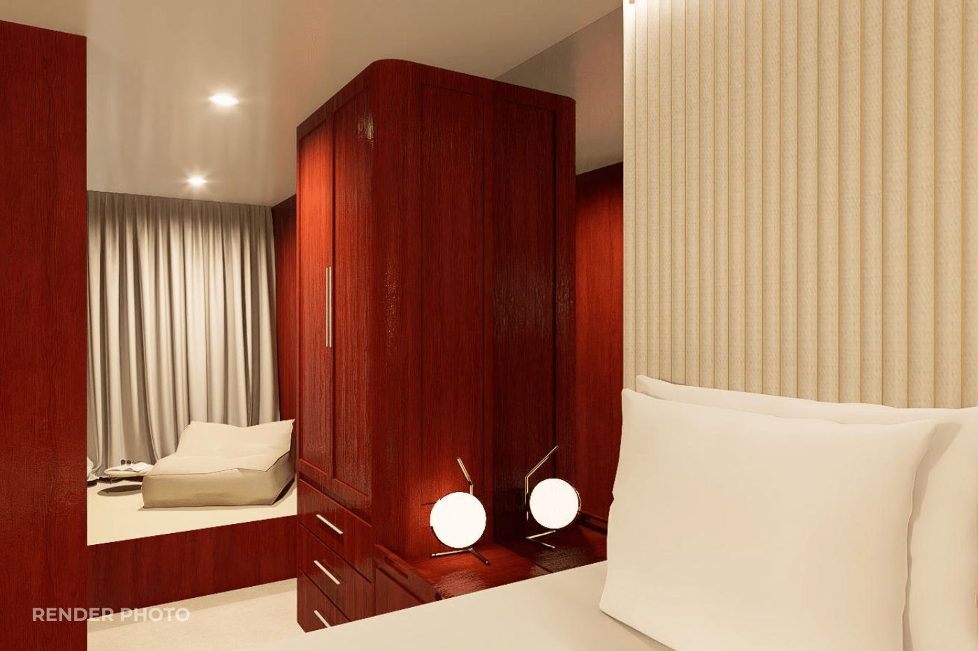 yacht cabin with dark wood cabinetry, white seating area and vertical wood paneling