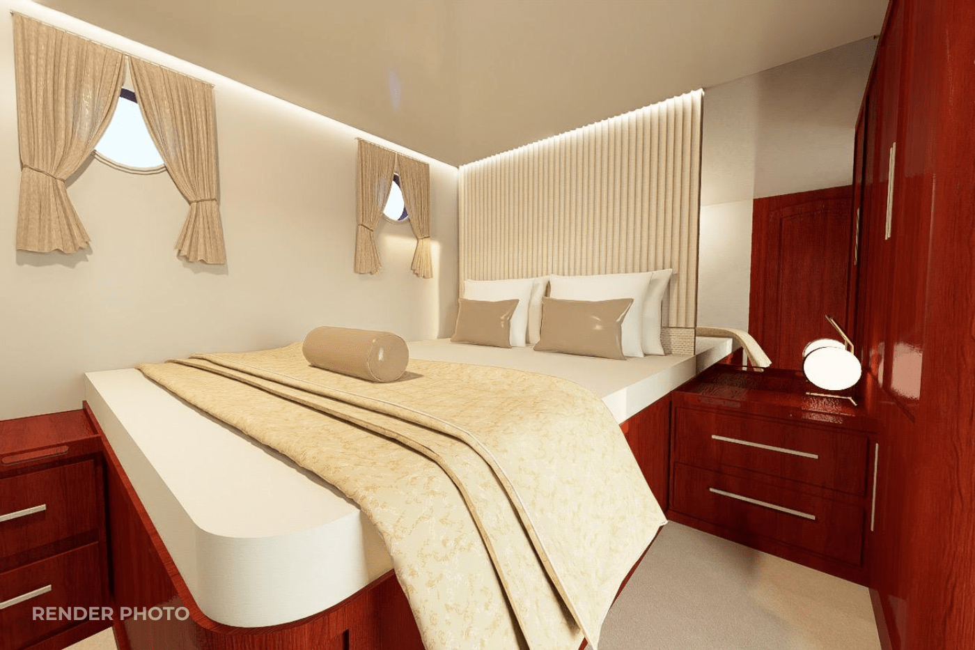 yacht cabin interior with double bed, beige curtains, mahogany cabinetry and bedside lighting