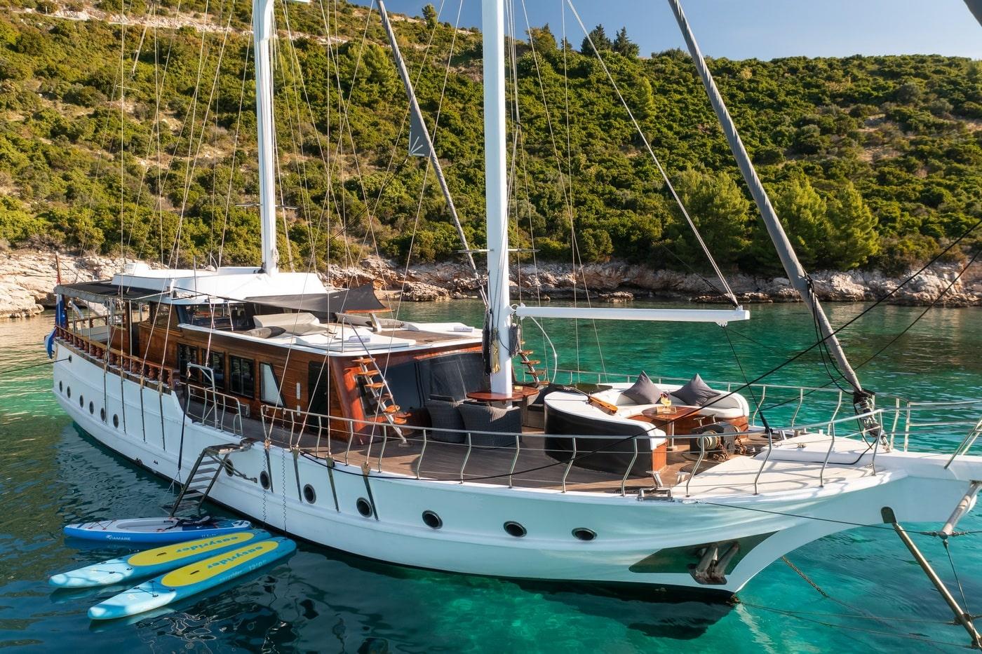 White traditional gulet yacht with wooden deck anchored in crystal clear turquoise bay