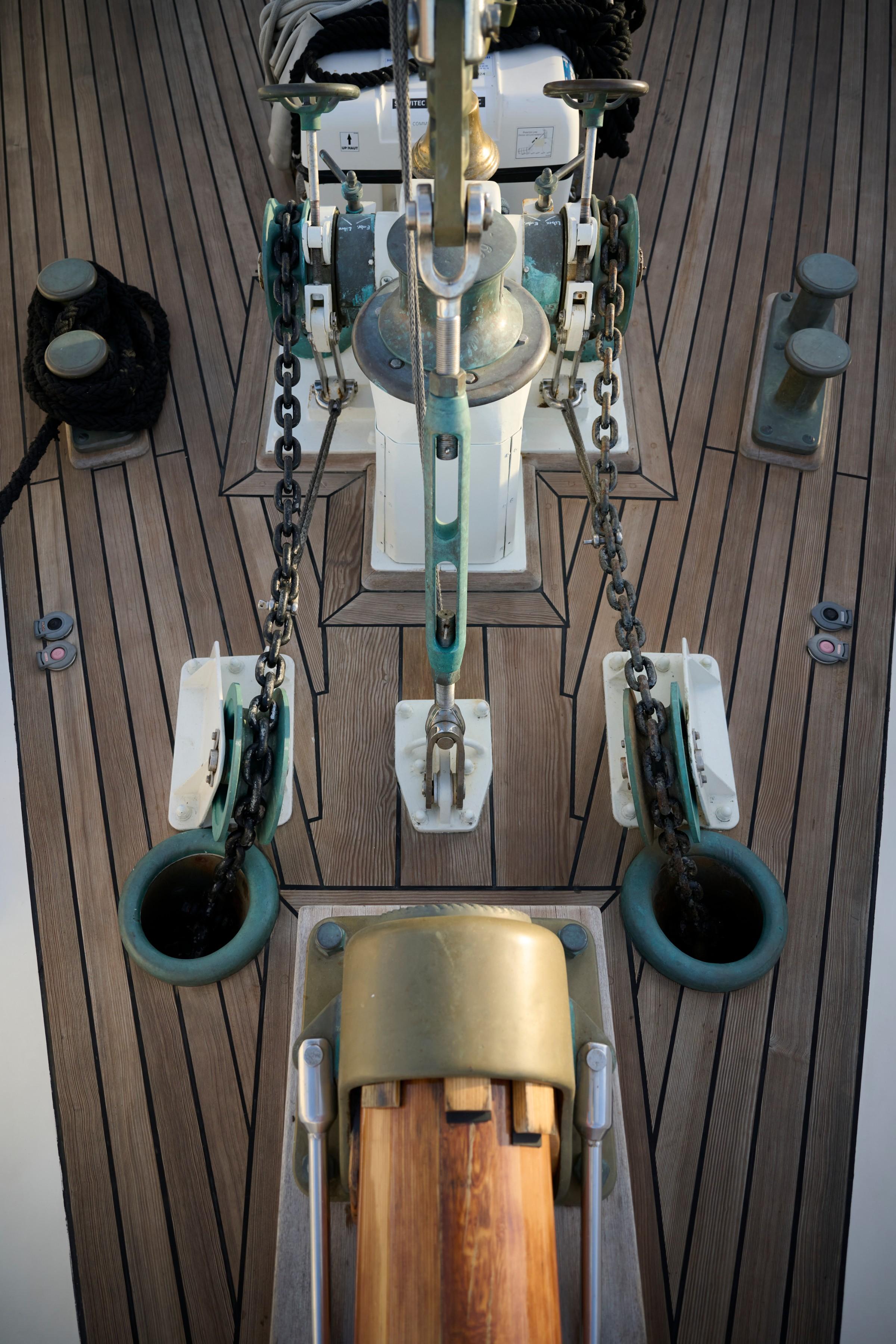 Top-down view of gulet bow teak deck showing mast base, anchor chains, chain stoppers, and bowsprit hardware