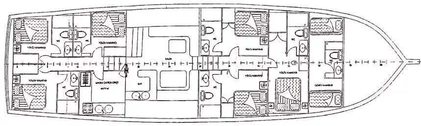 detailed yacht floor plan blueprint showing multiple cabins, bathrooms, and interior layout