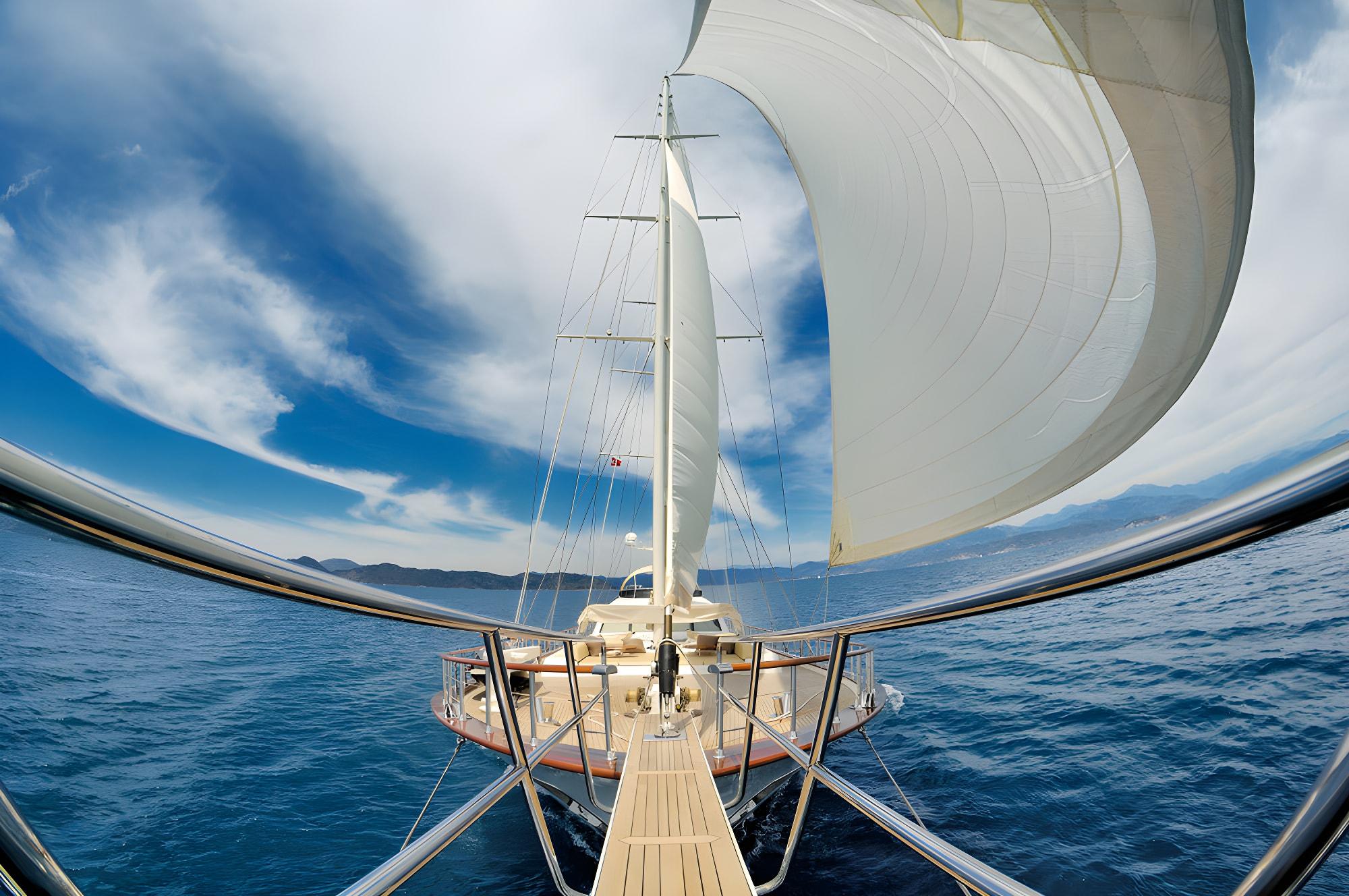 sailing yacht under full sail on blue waters with white mainsail and headsail deployed