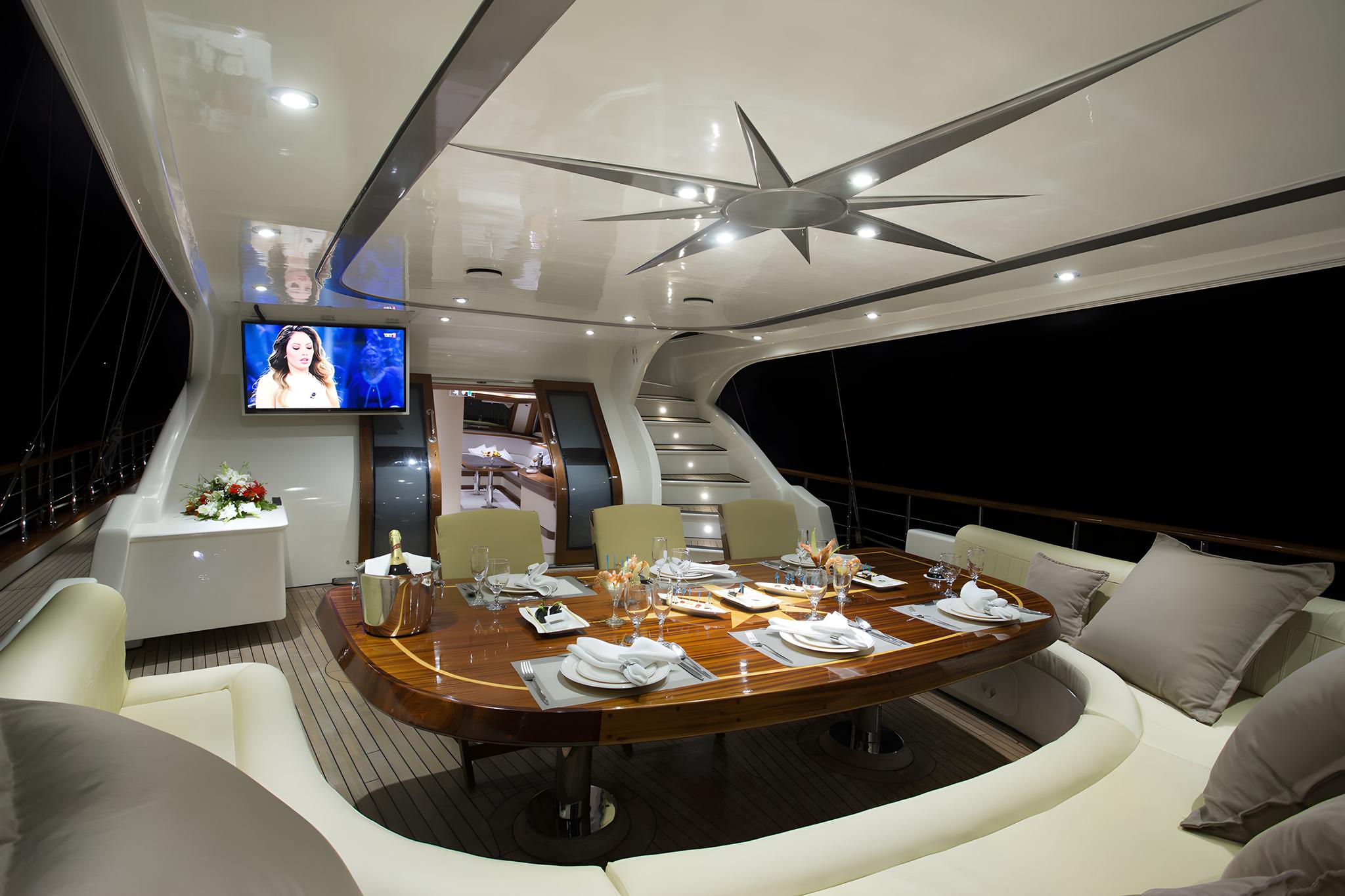 yacht cinema room with wall-mounted TV screen and curved white seating area