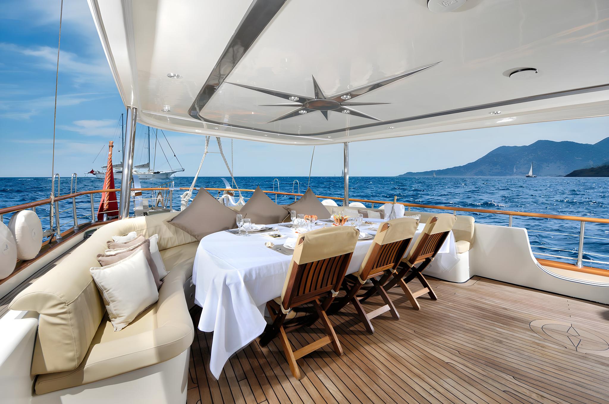covered aft deck with white formal dining table, teak folding chairs, and cream cushioned seating area