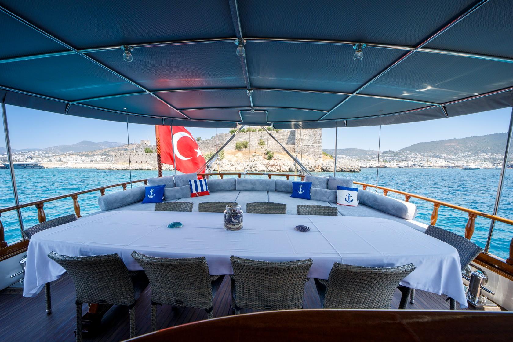 covered aft deck with oval dining table, wicker chairs, and curved seating with Turkish flag