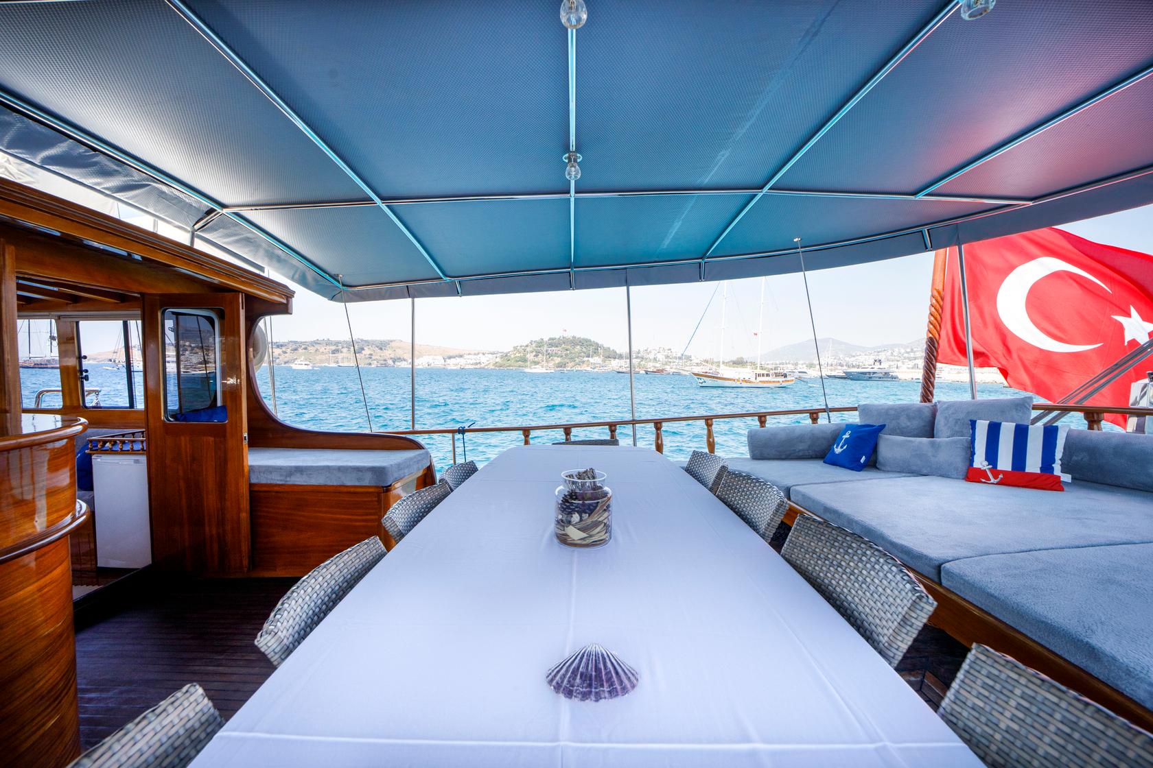 Gulet aft deck dining area with white table, wicker chairs, and blue cushioned seating under awning