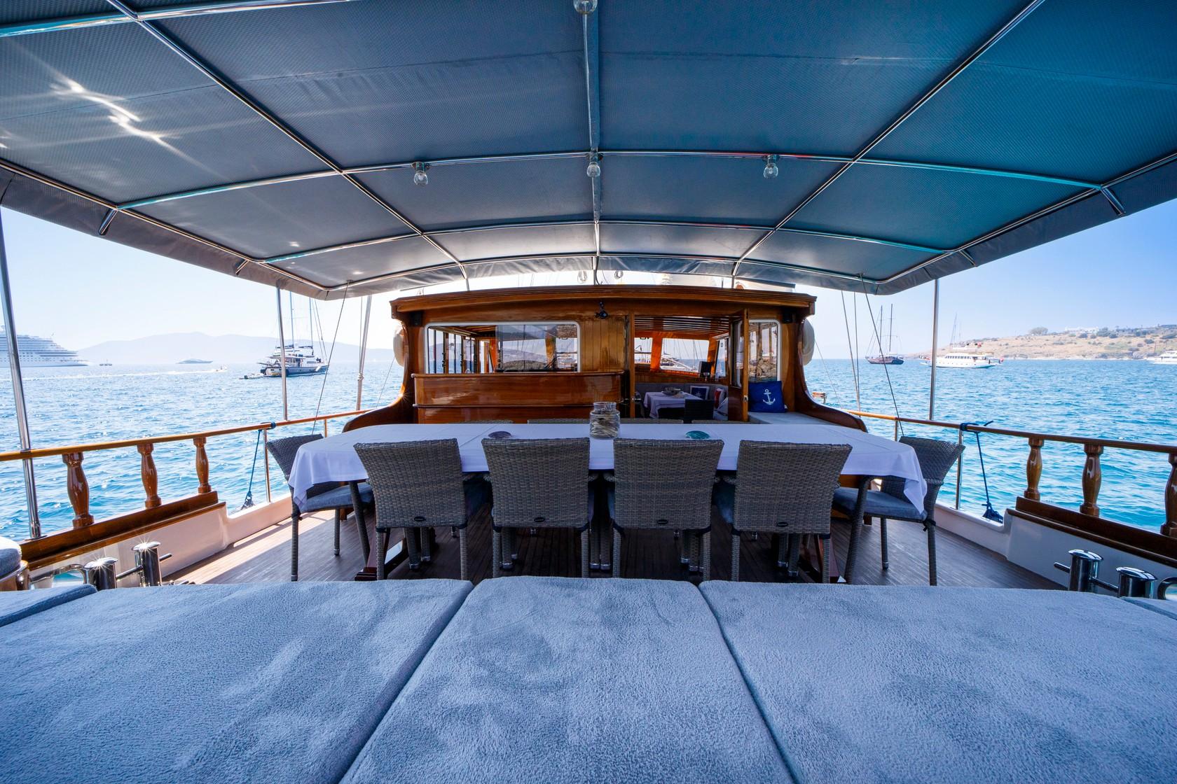 Traditional gulet aft deck with outdoor dining table, wicker chairs and canvas awning