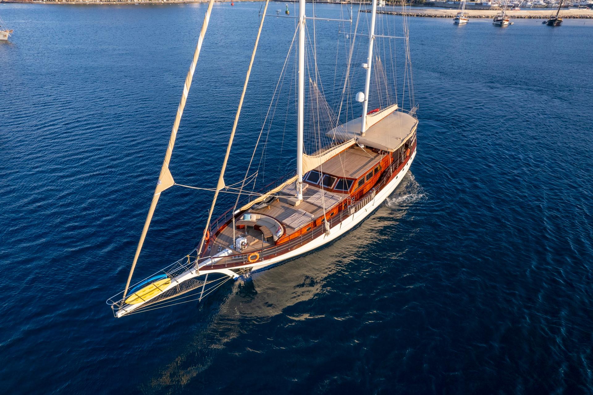 aerial drone shot of wooden gulet sailing in deep blue Mediterranean waters